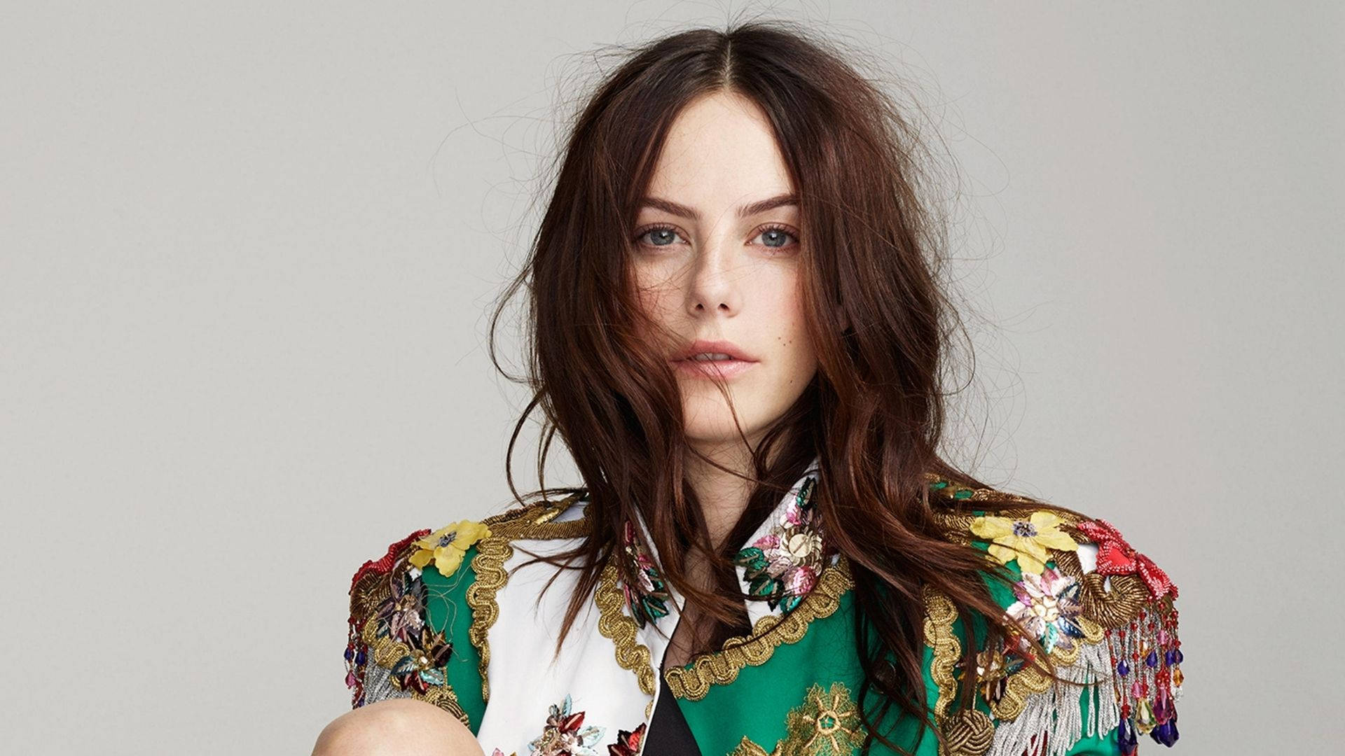 Kaya Scodelario, classy suit, vibrant embroidered jacket, Full HD Desktop Wallpaper