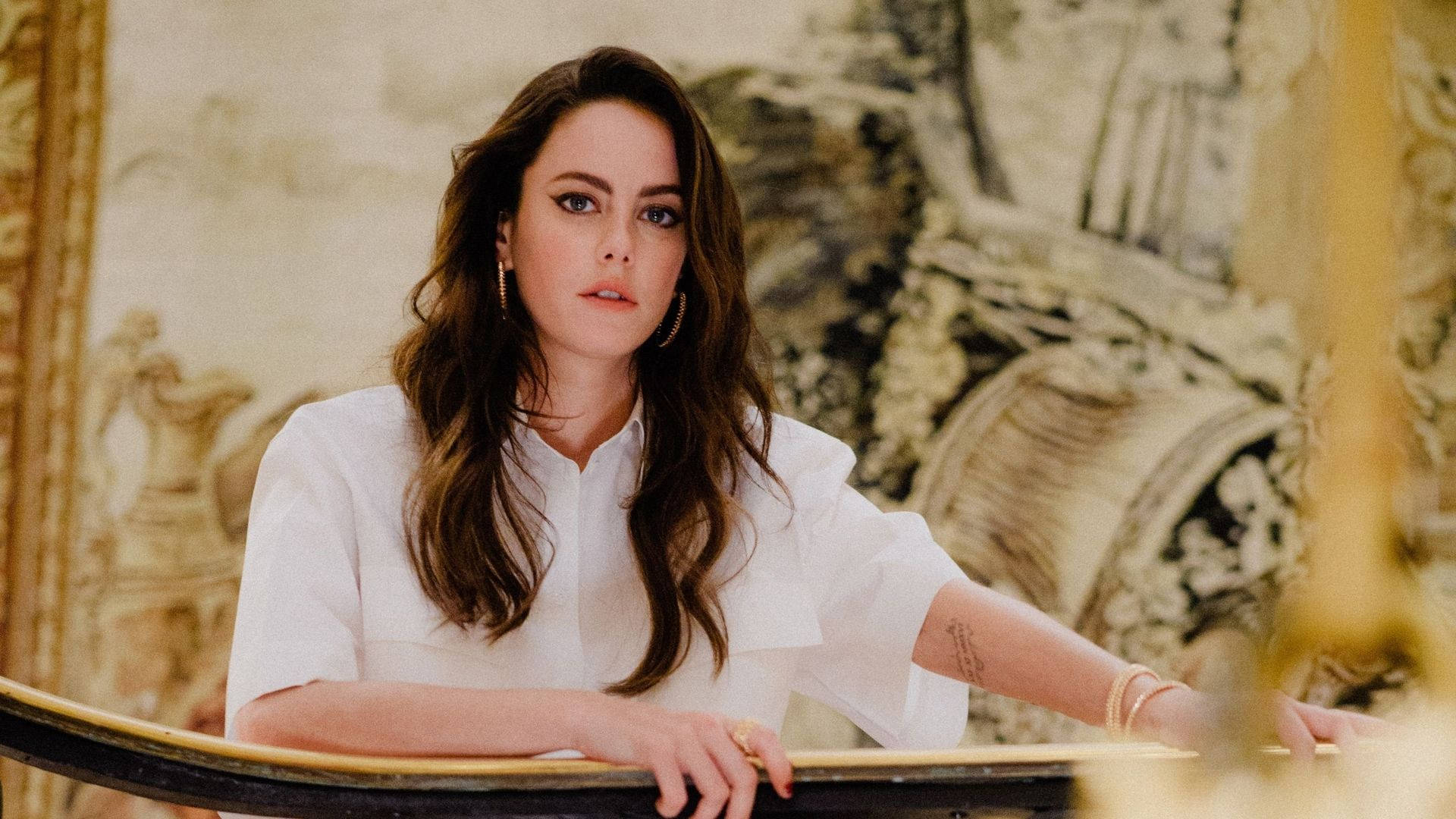 Kaya Scodelario, white blouse, balcony railing, Full HD Desktop Wallpaper