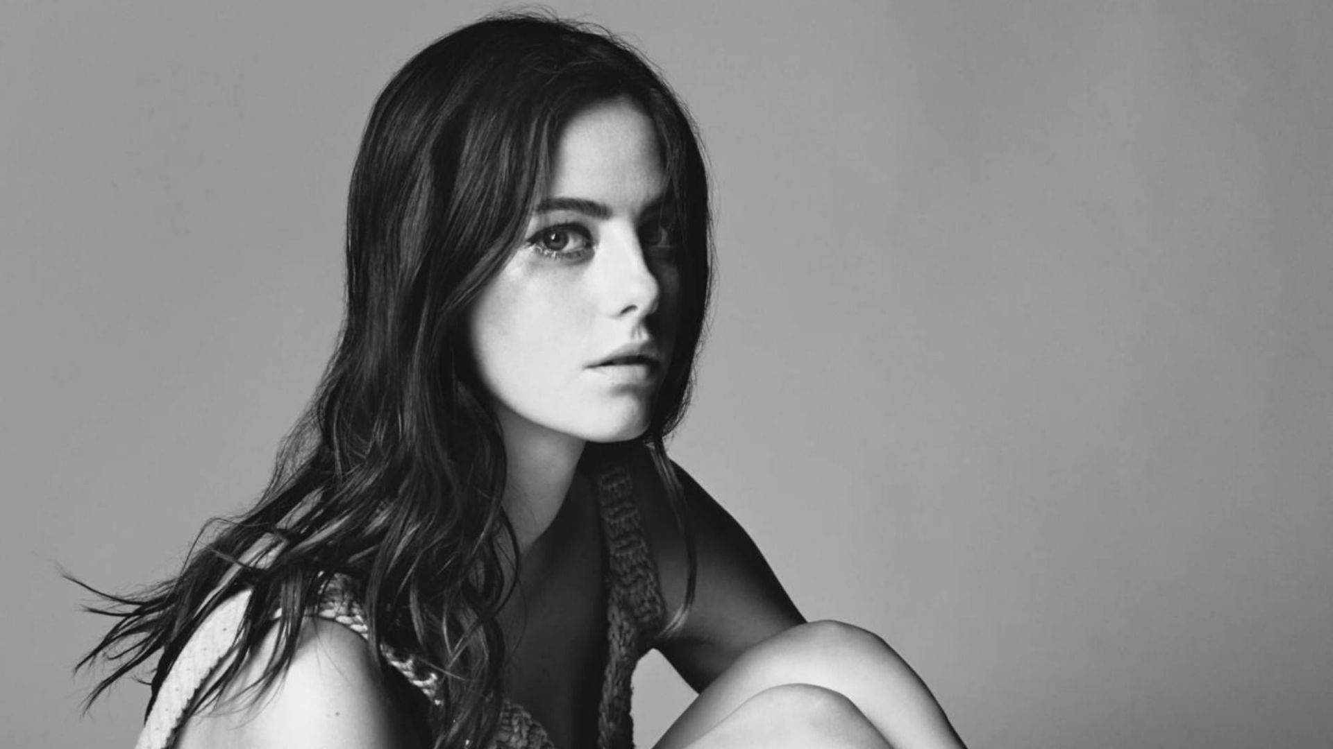 Kaya Scodelario, black and white portrait, long dark hair, Full HD Desktop Wallpaper