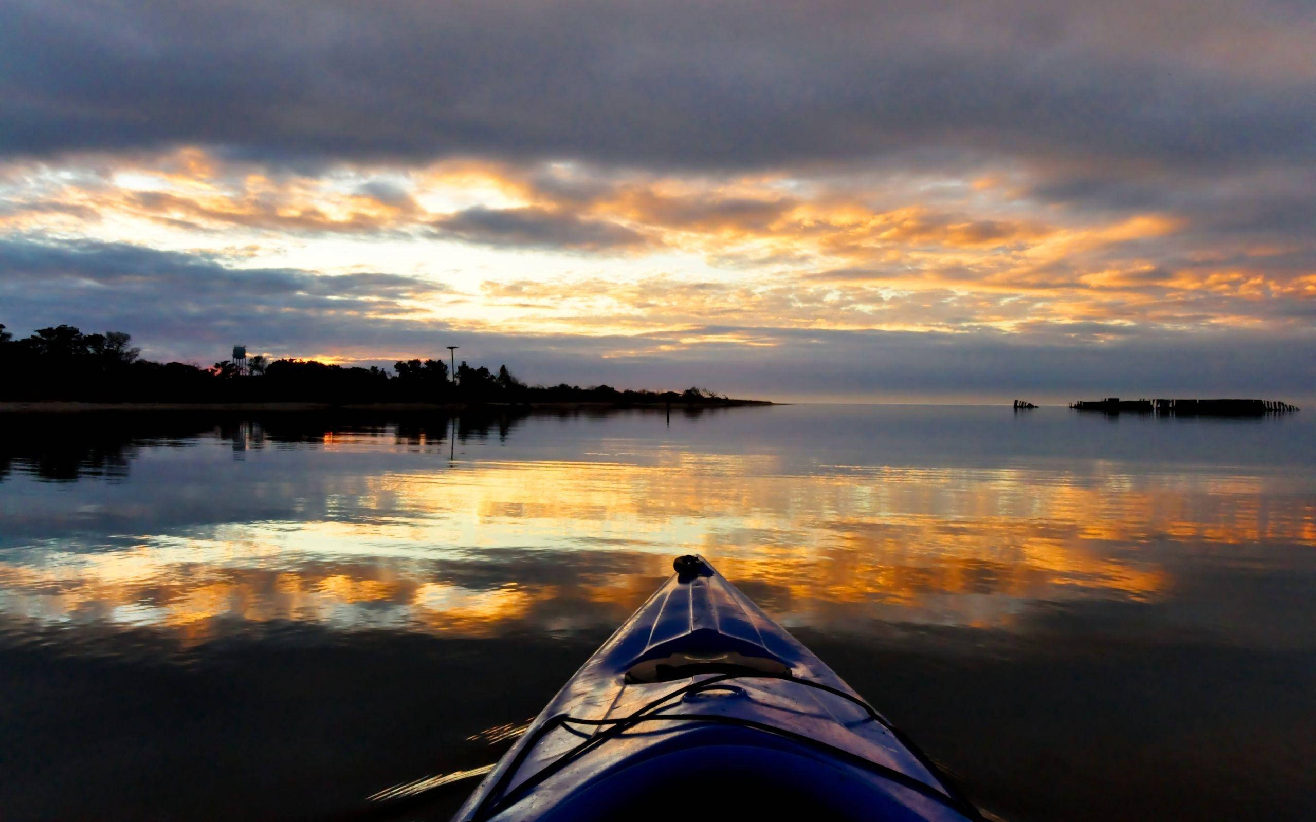 firey sunset, glassy water, distant shoreline, 2K Desktop Wallpaper