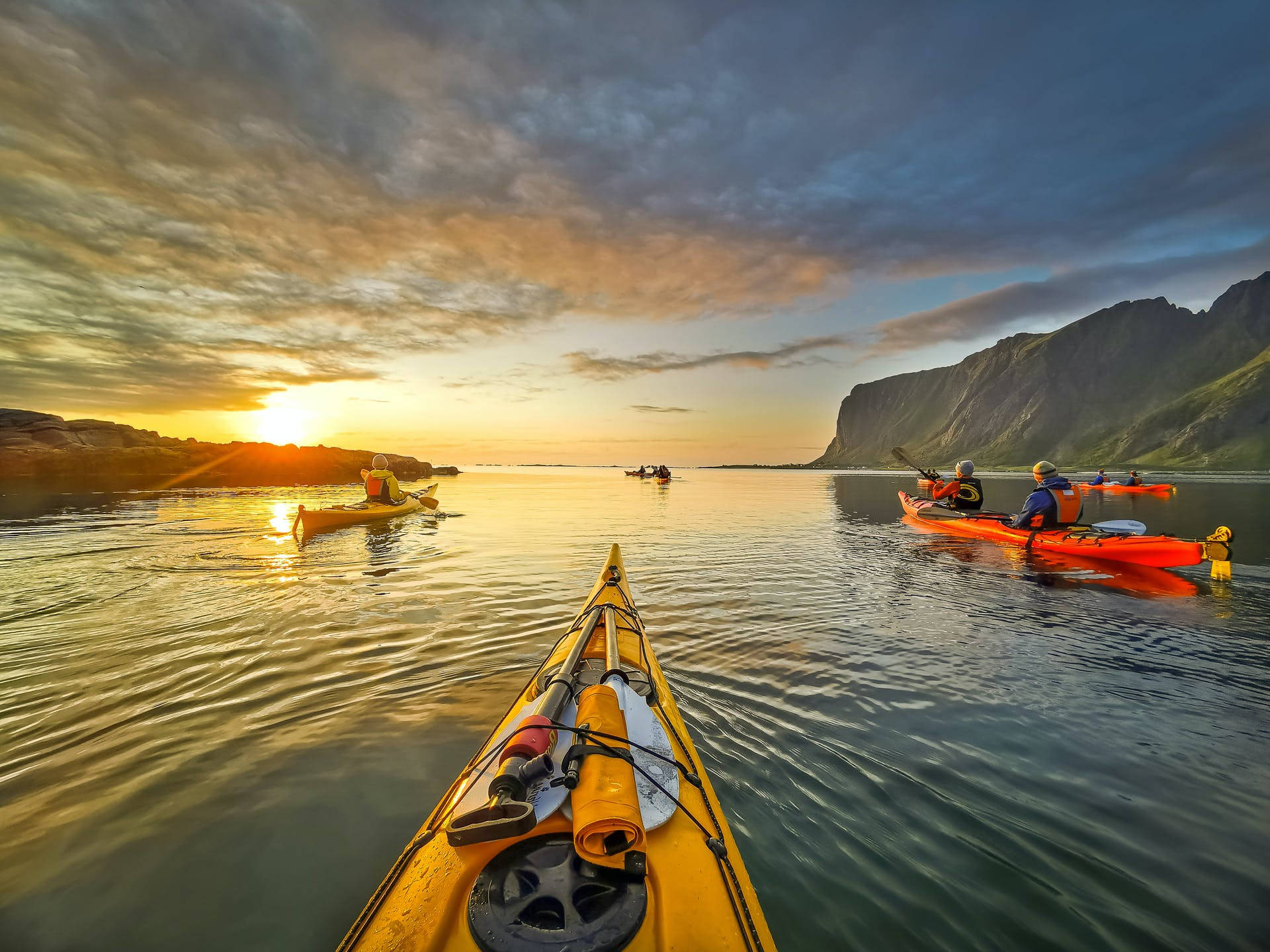 kayaking, sunset, calm waters, Full HD Desktop Wallpaper
