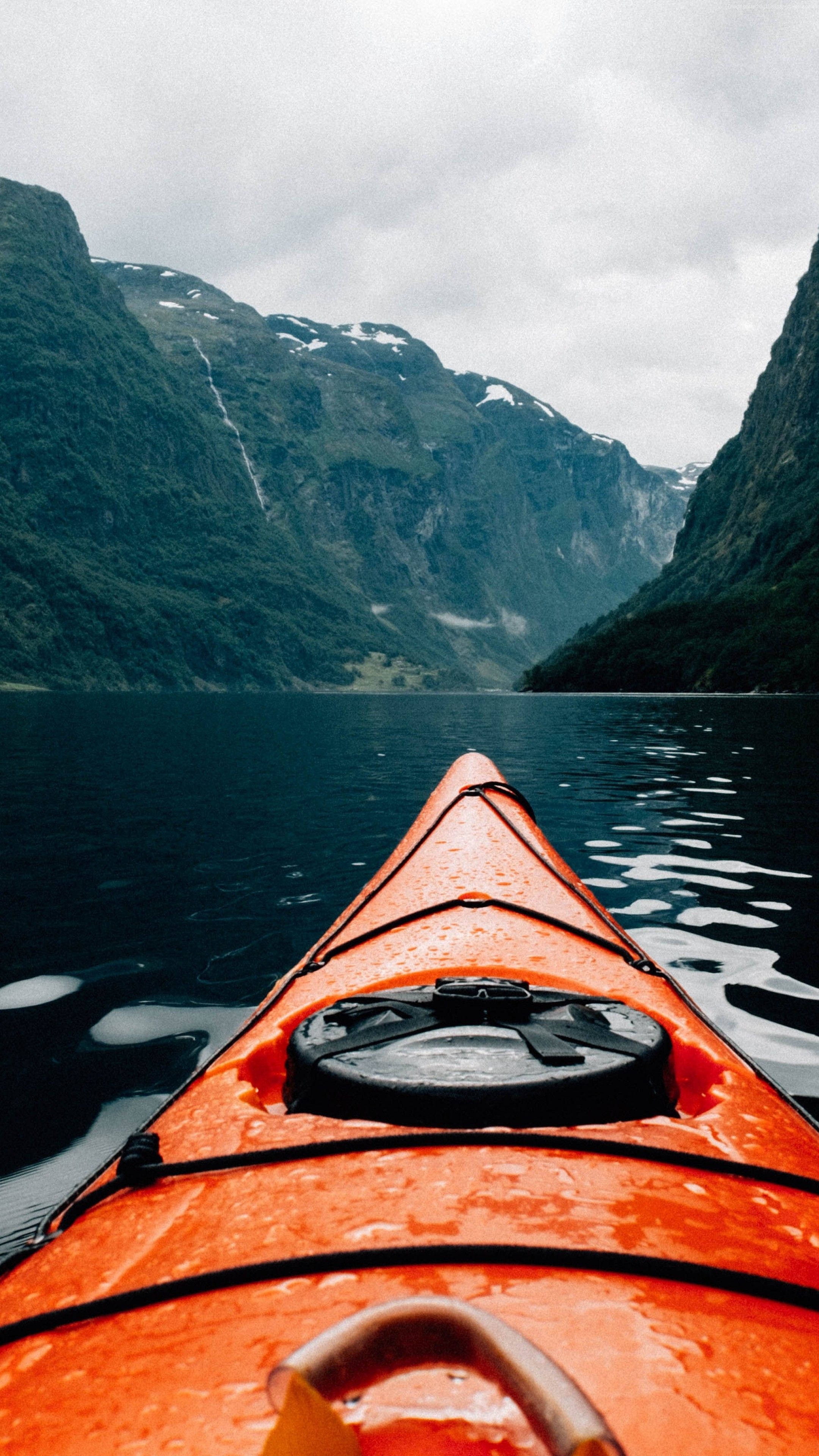 kayaking, orange kayak, calm waters, 4K Phone Wallpaper