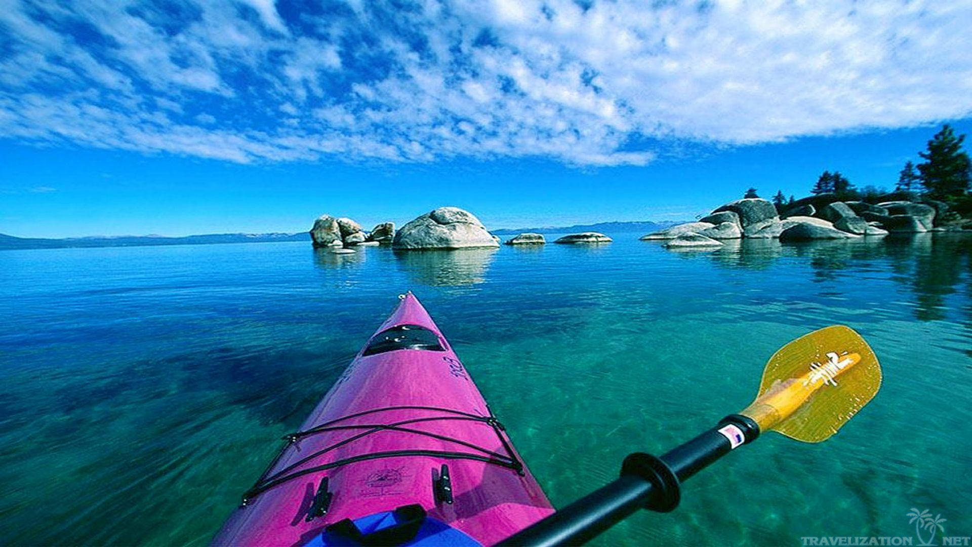 pink kayak, crystal clear turquoise water, rock formation, Full HD Desktop Wallpaper