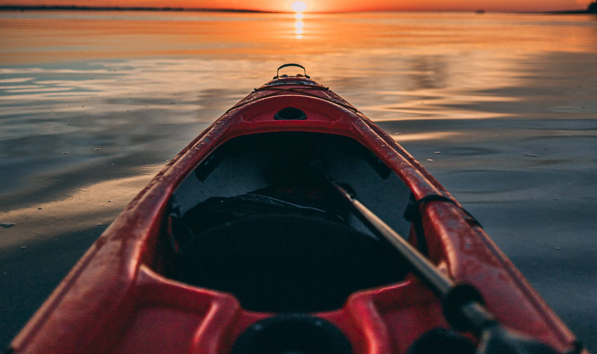 red kayak, calm water, sunet, Full HD Desktop Wallpaper