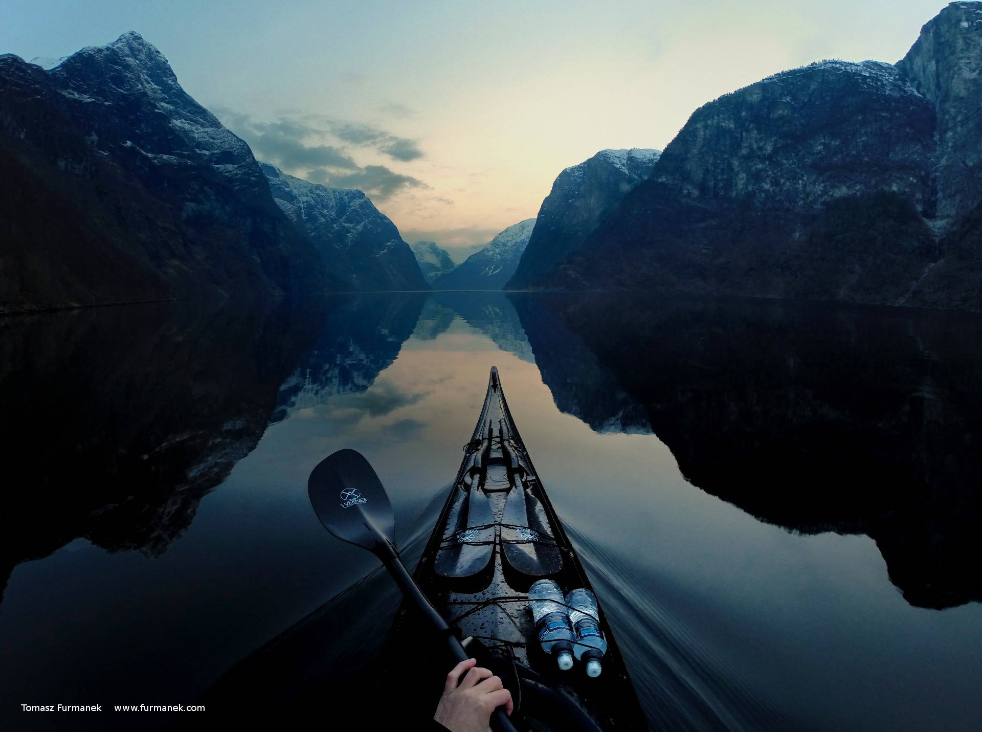 Dark Solo Kayaking, fjord, dusk, Full HD Desktop Wallpaper