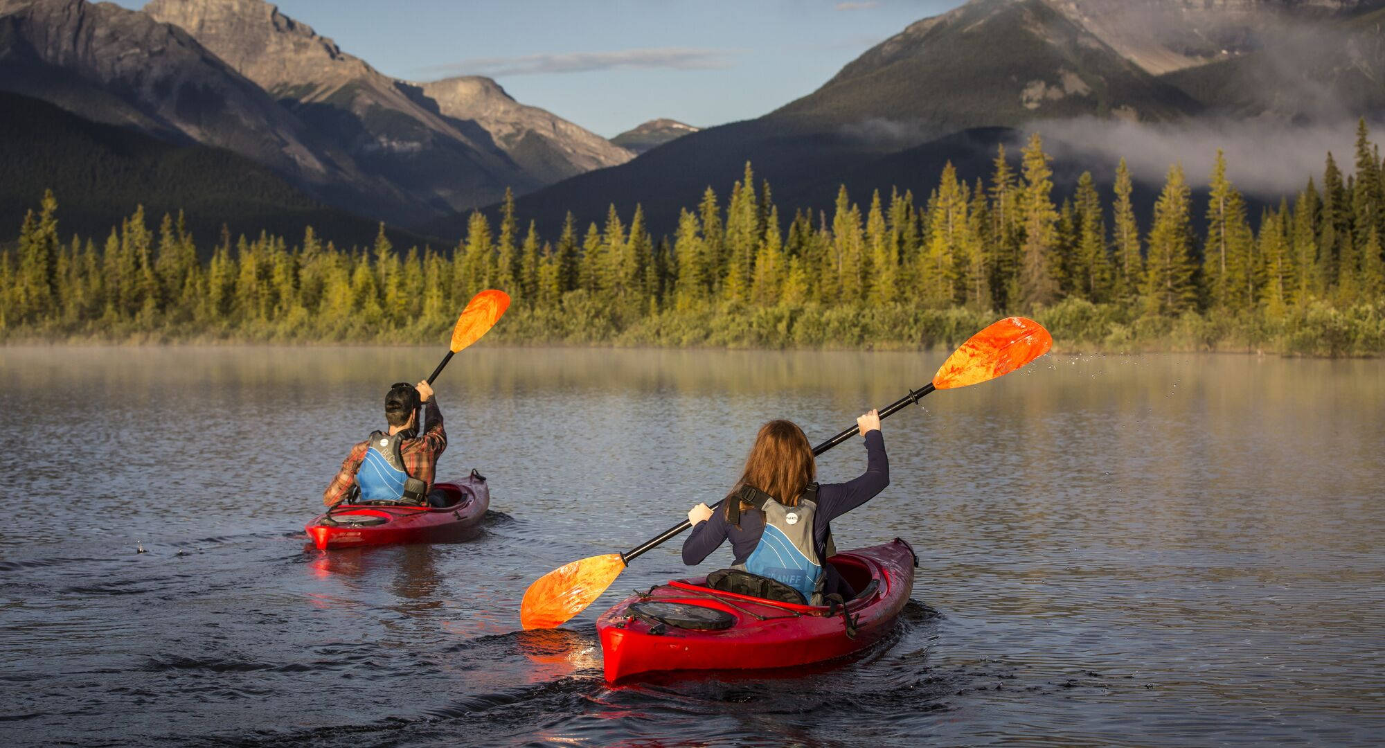 red kayaks, calm mountain lake, sunrise, Full HD Desktop Wallpaper