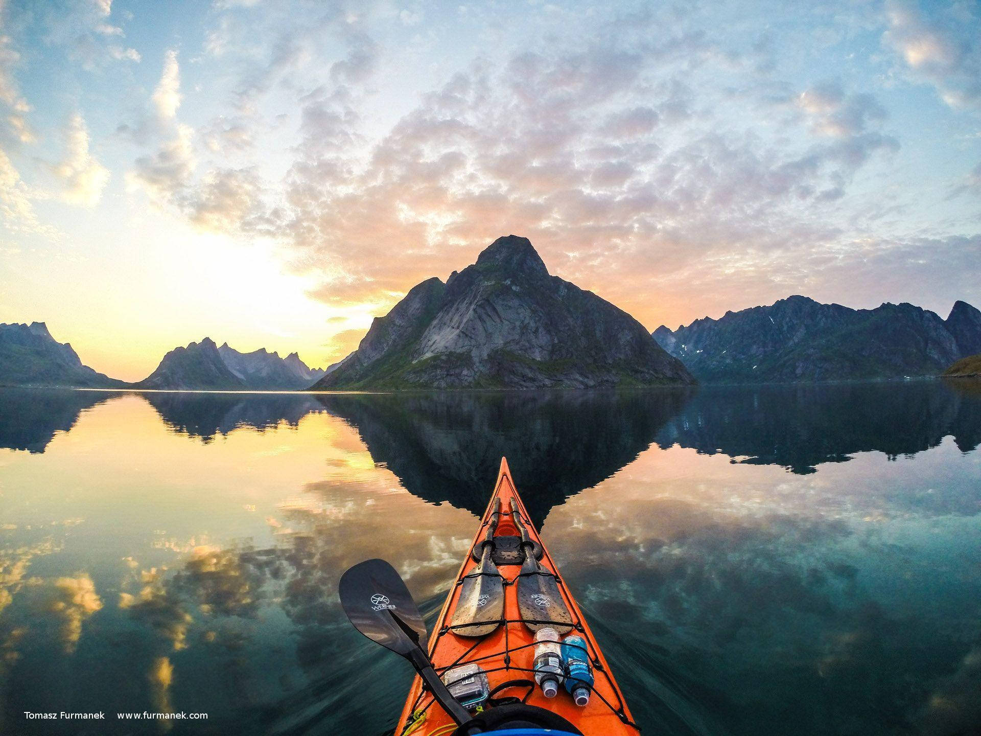 orange kayak, glassy fjord, sunrise, Full HD Desktop Wallpaper