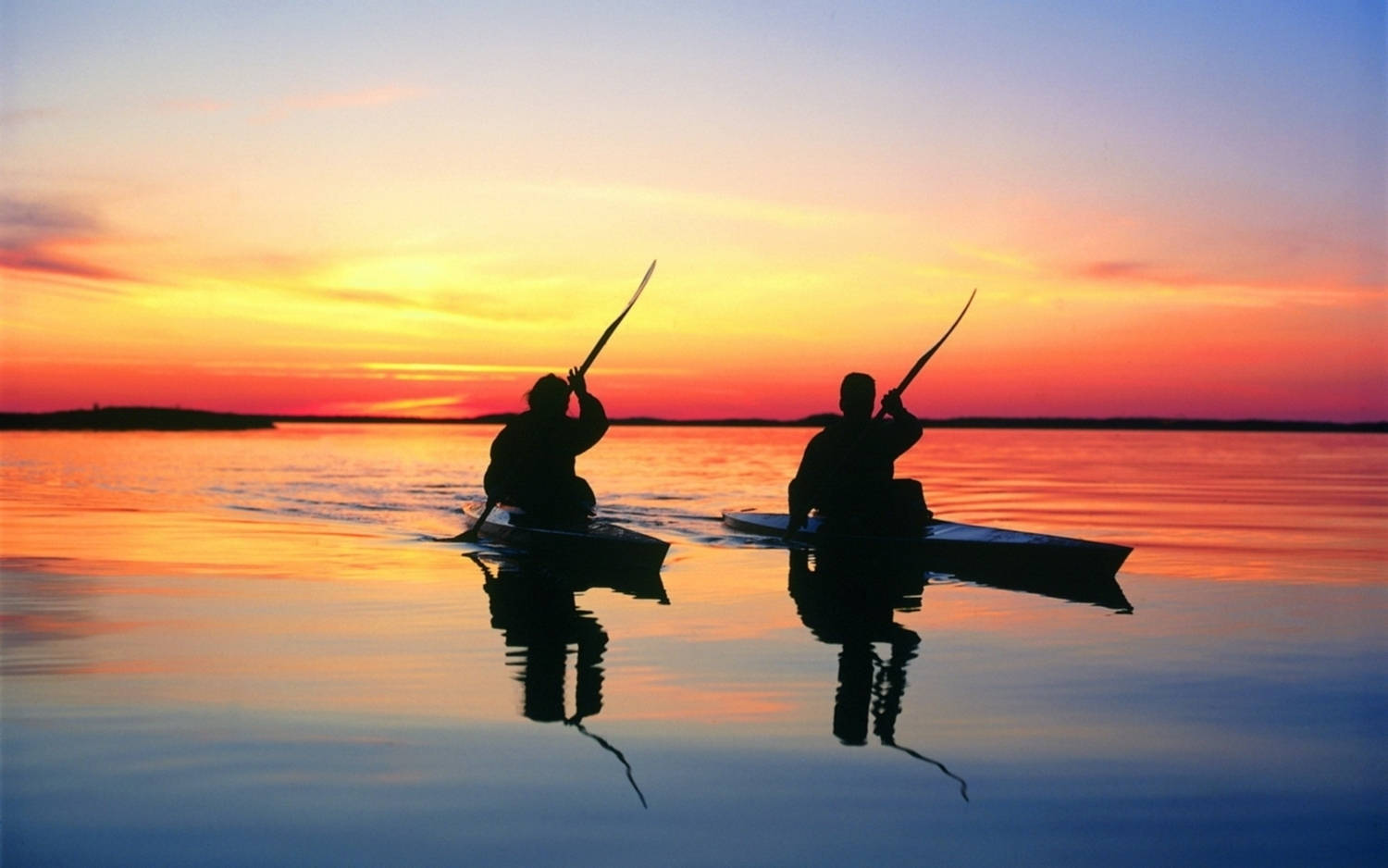 synchronized sunset kayaking, glassy lake, fiery sunset colors, HD Desktop Wallpaper