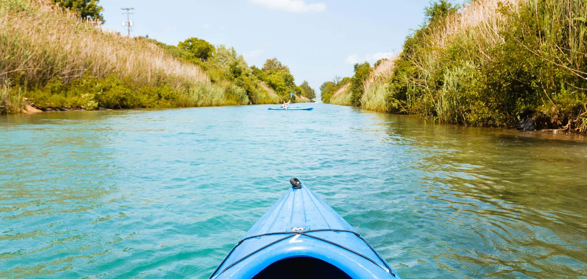 blue kayak, turquoise waterway, tall reeds, Full HD Desktop Wallpaper