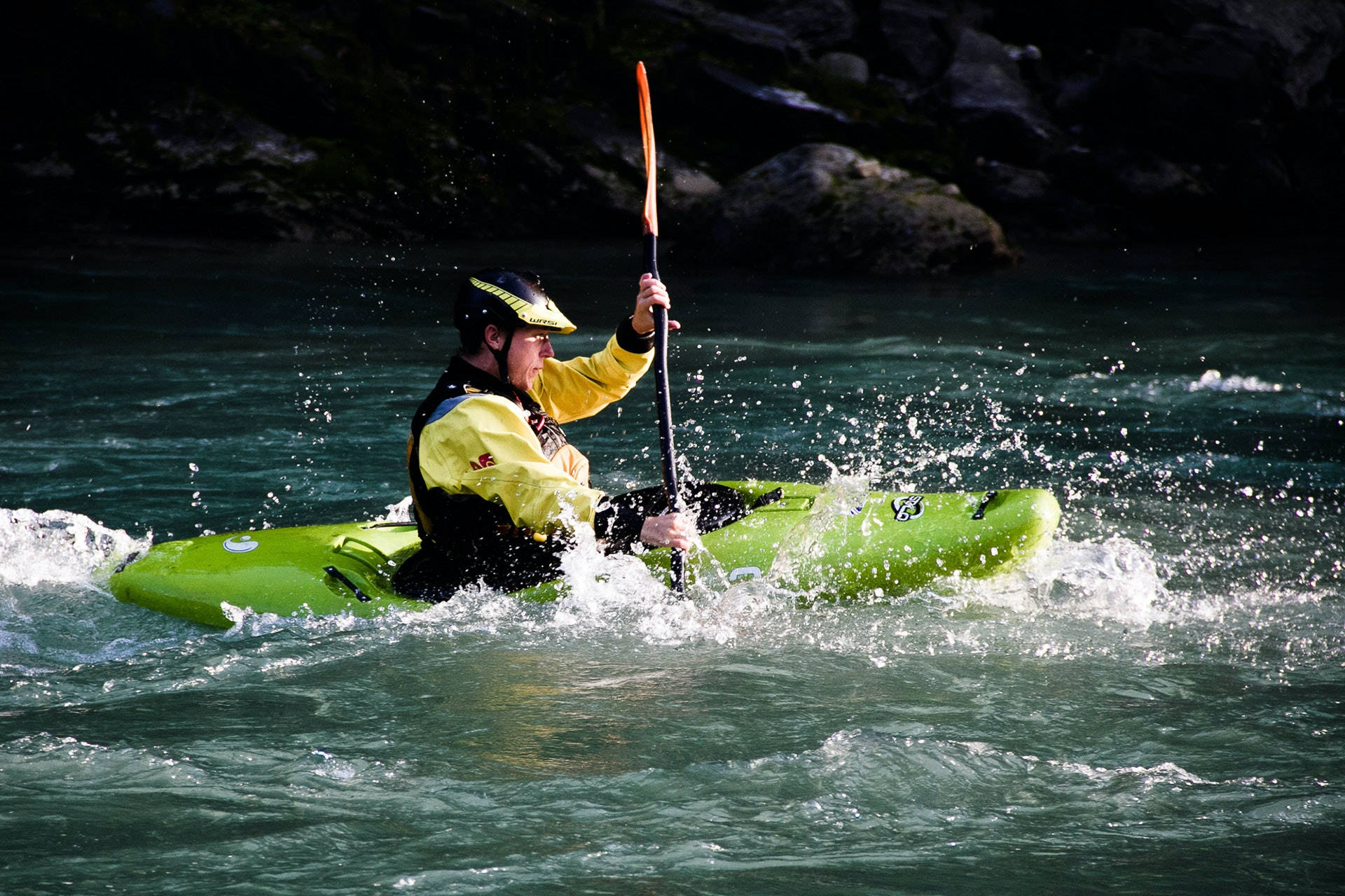 bright green kayak, turquoise river water, turbulent water, Full HD Desktop Wallpaper