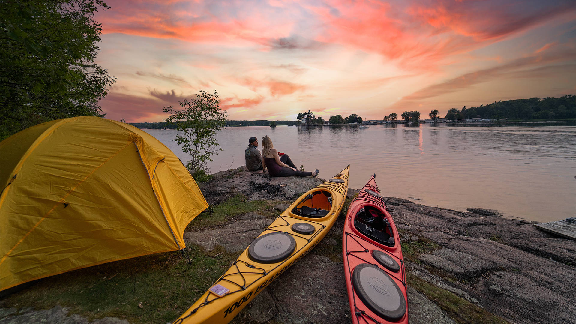 sunset, lake, yellow tent, Full HD Desktop Wallpaper