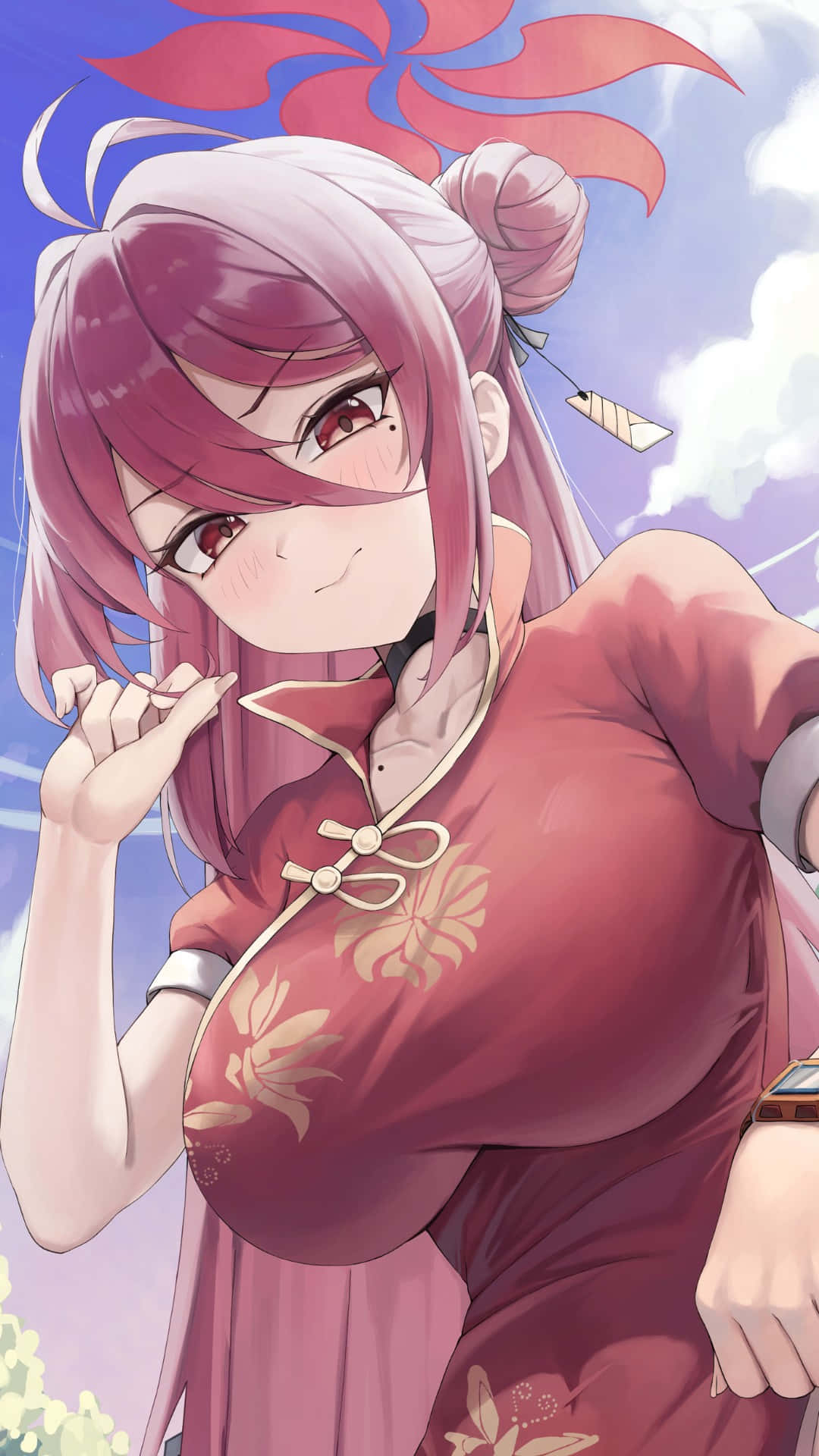 Kayama Reijo, pink-haired anime girl, red floral qipao, Full HD Phone Wallpaper