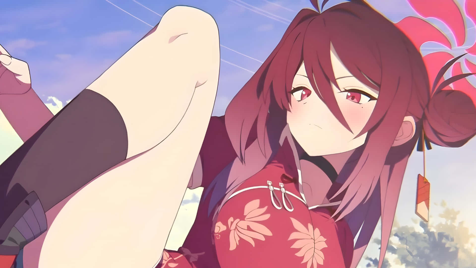 Kayama Reijo, red-haired anime girl, red floral kimono, Full HD Desktop Wallpaper