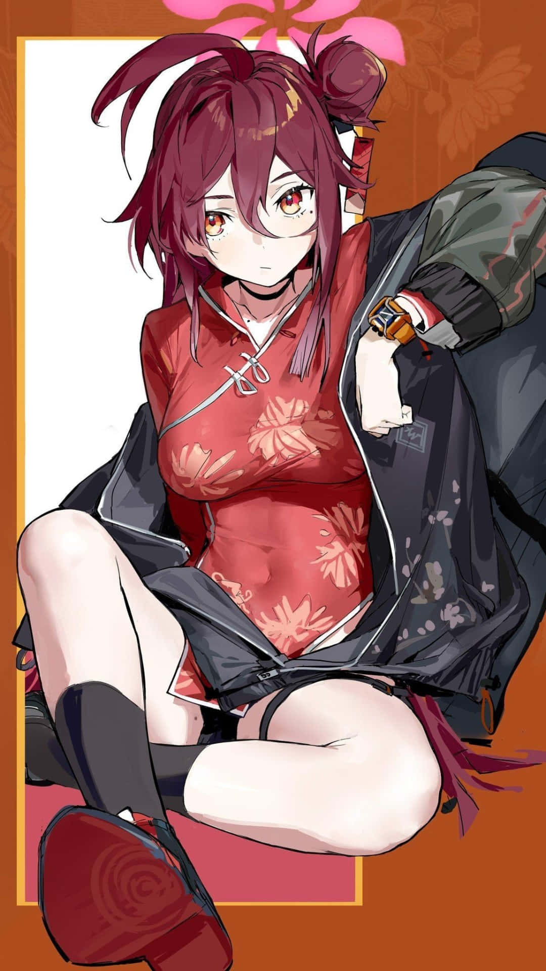 Kayama Reijo, red-haired anime girl, red floral qipao, Full HD Phone Wallpaper