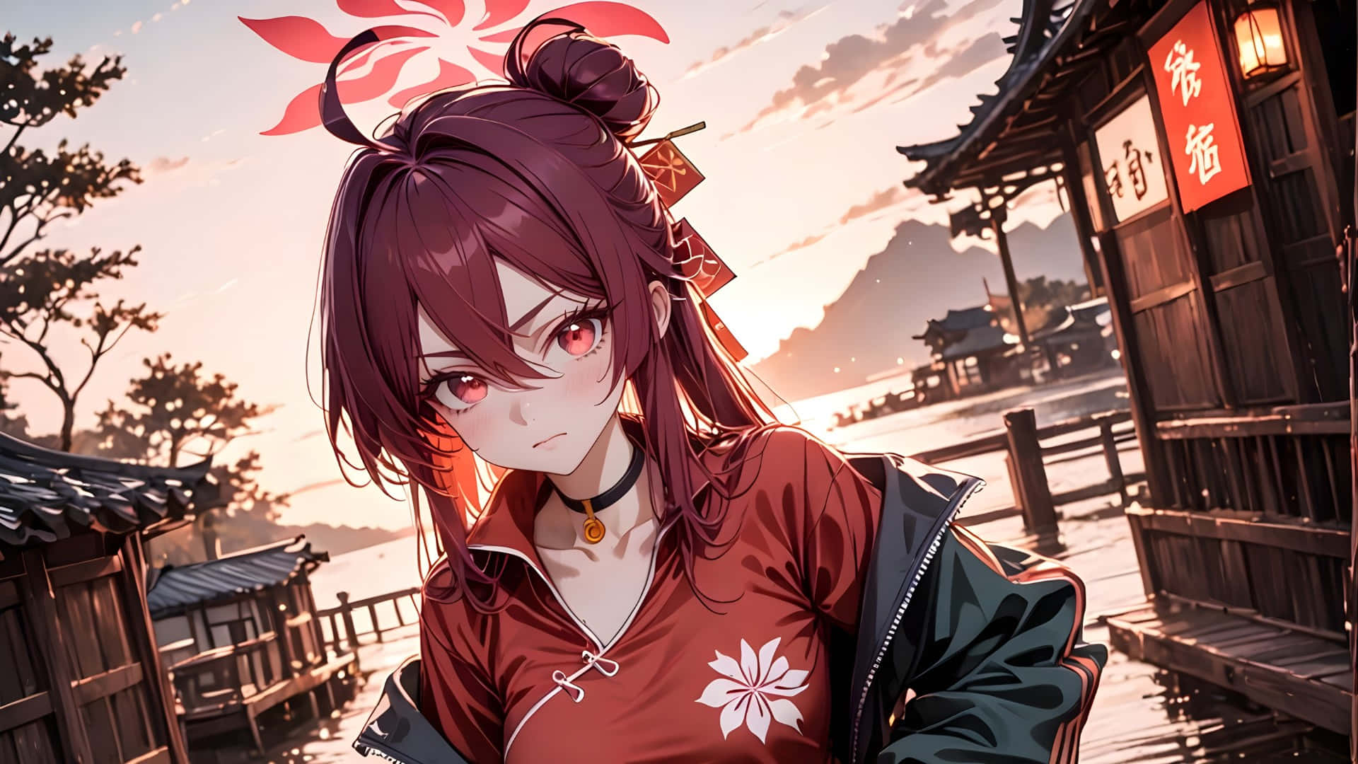 Kayama Reijo, sunset scene, red hair, Full HD Desktop Wallpaper