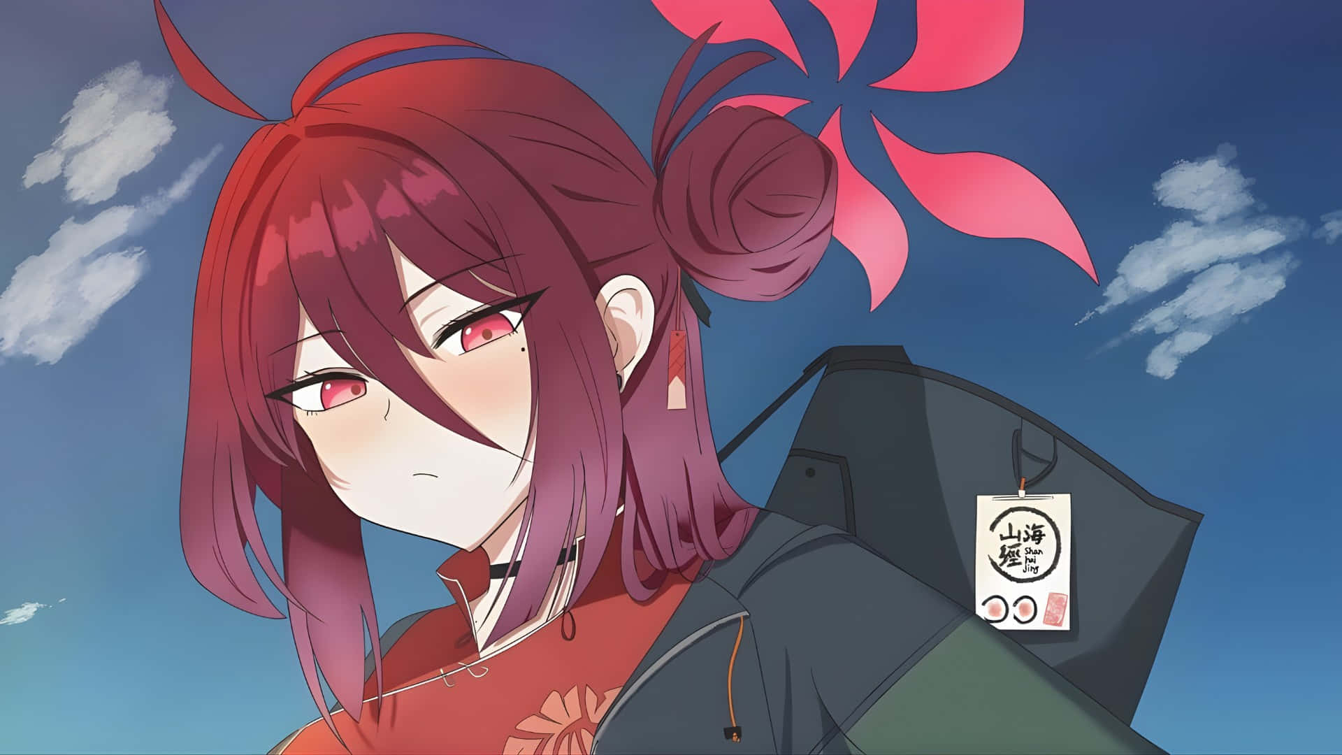 Kayama Reijo, red-haired anime girl, pink flower in her hair, Full HD Desktop Wallpaper