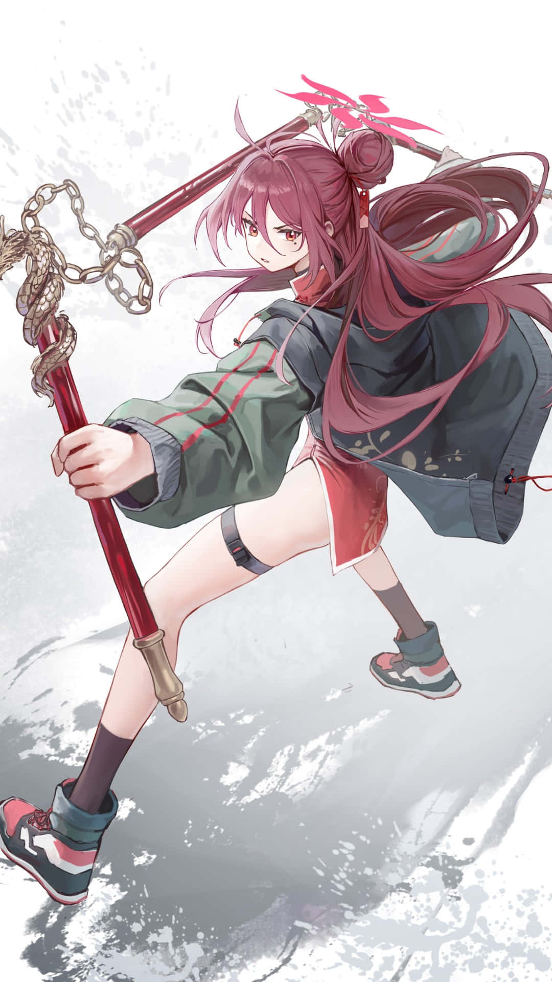 Kayama Reijo, pink hair, red staff with chain and flower, Full HD Phone Wallpaper