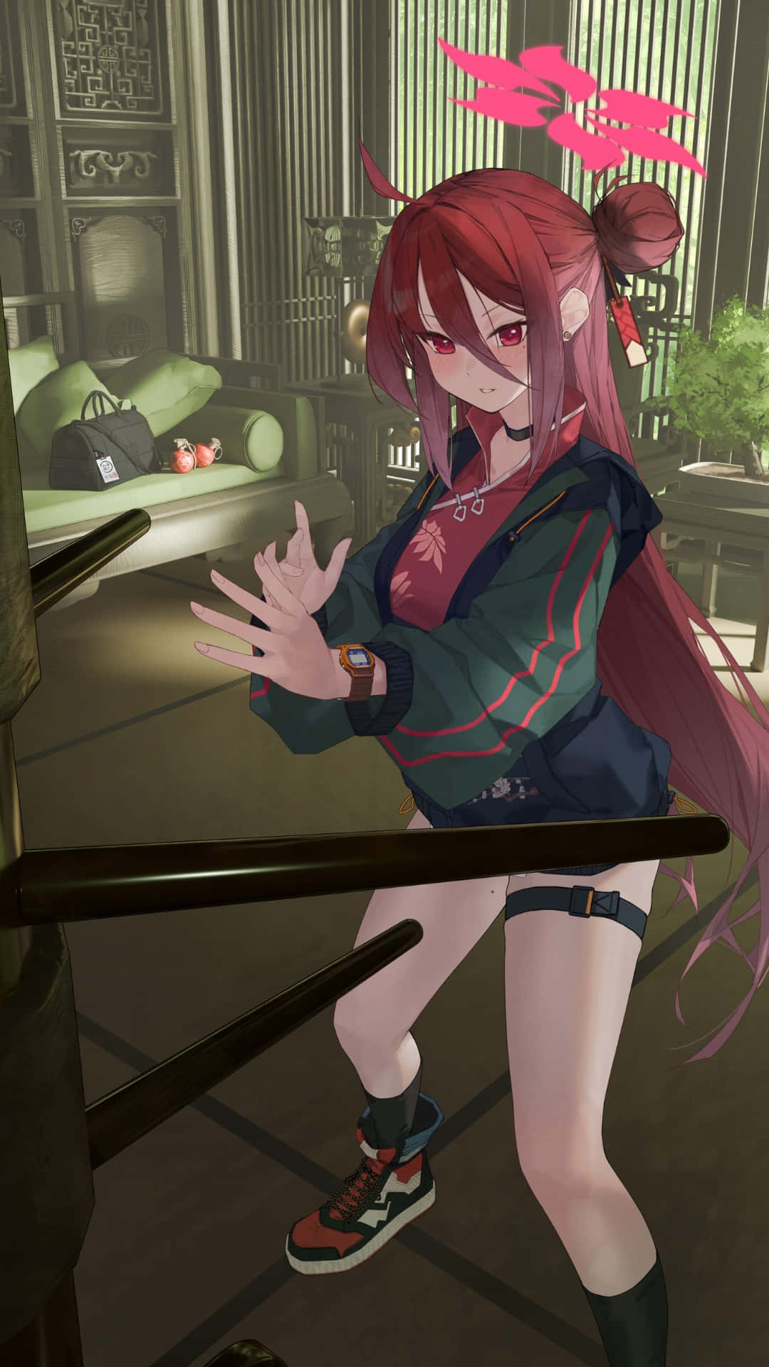 Kayama Reijo, red-haired anime girl, green jacket, Full HD Phone Wallpaper