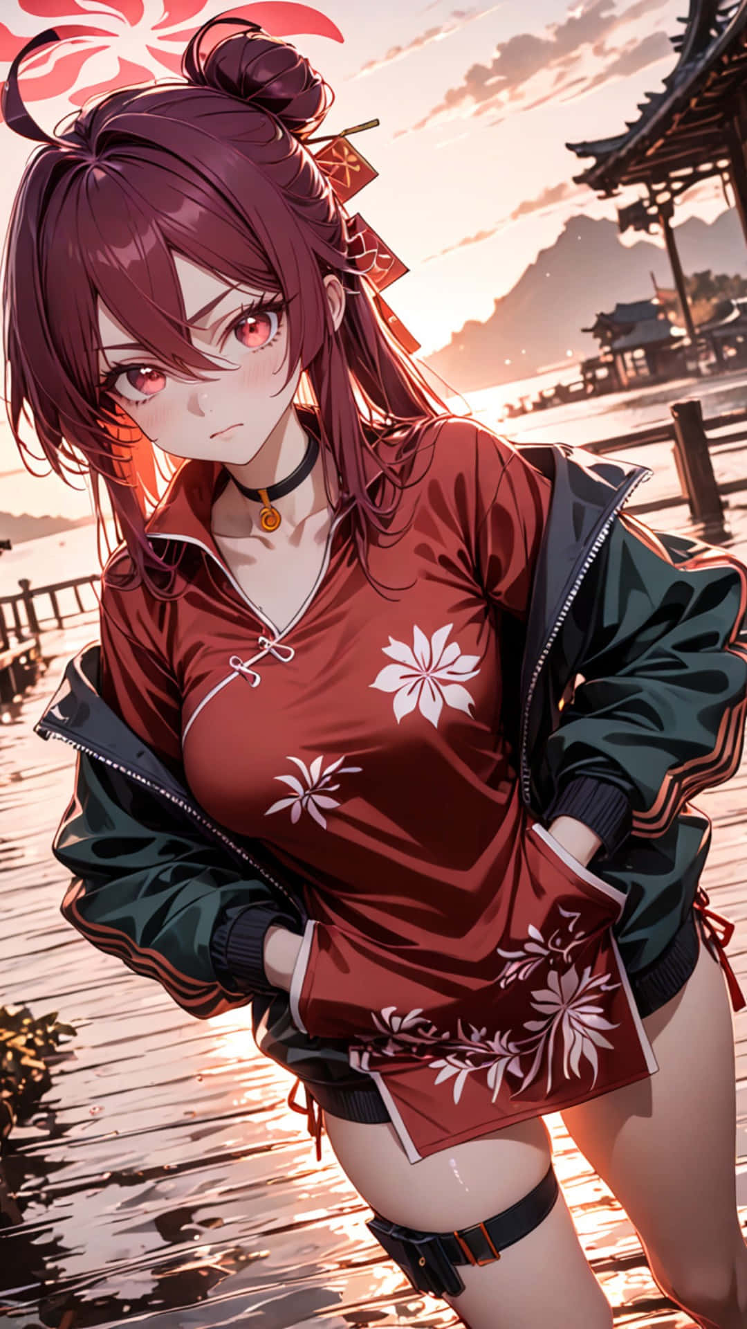 Kayama Reijo, red-haired anime girl, red floral jacket, Full HD Phone Wallpaper