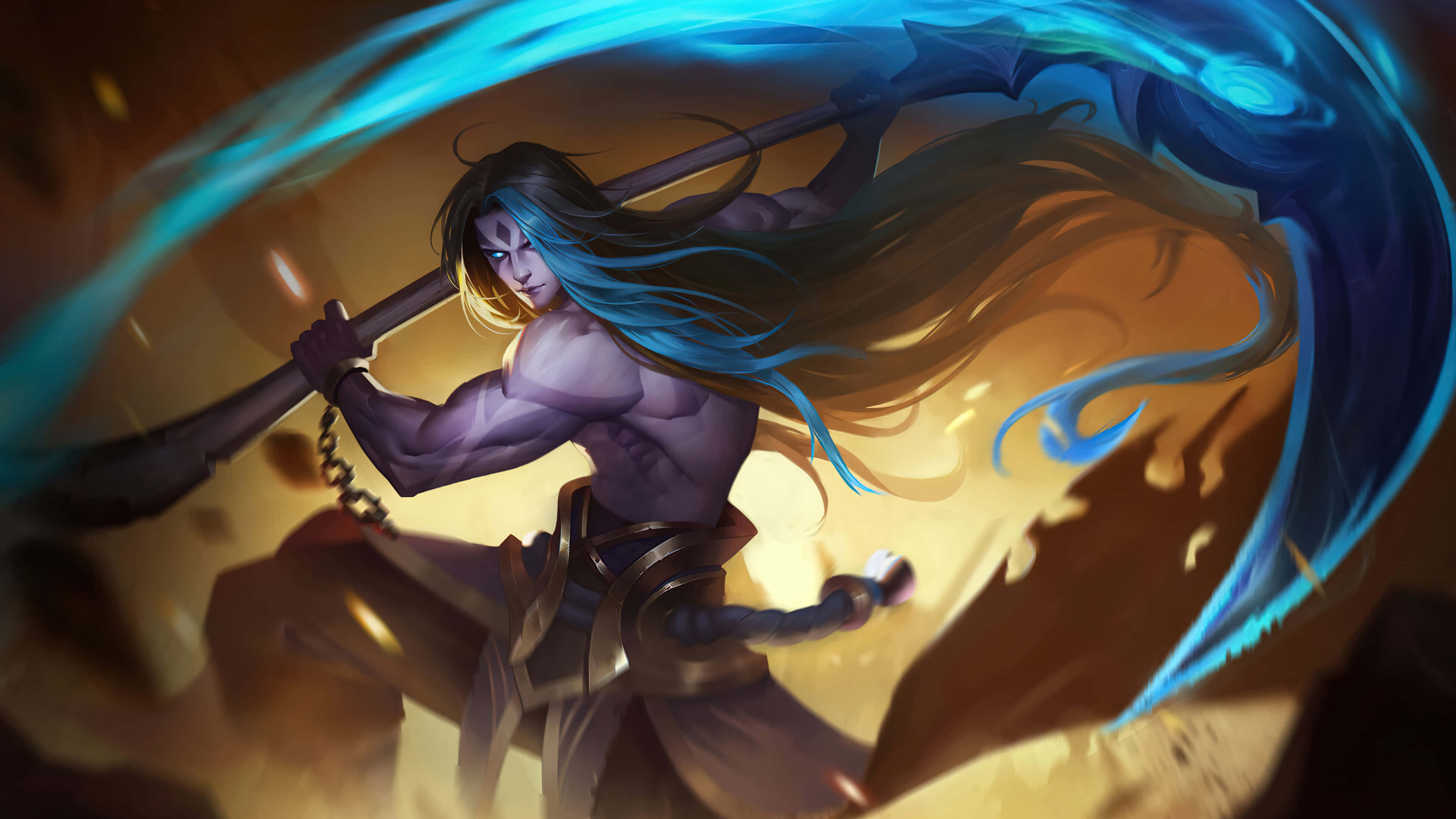 Kayn, scythe, glowing blue weapon, 4K Desktop Wallpaper