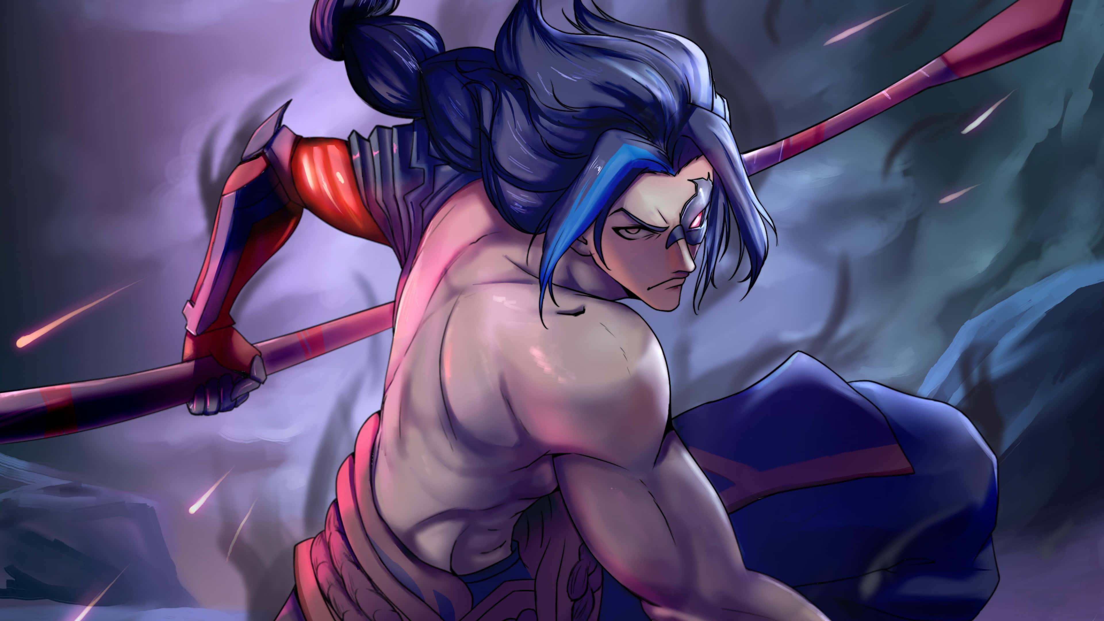 Kayn, blue hair, glowing staff, 4K Desktop Wallpaper