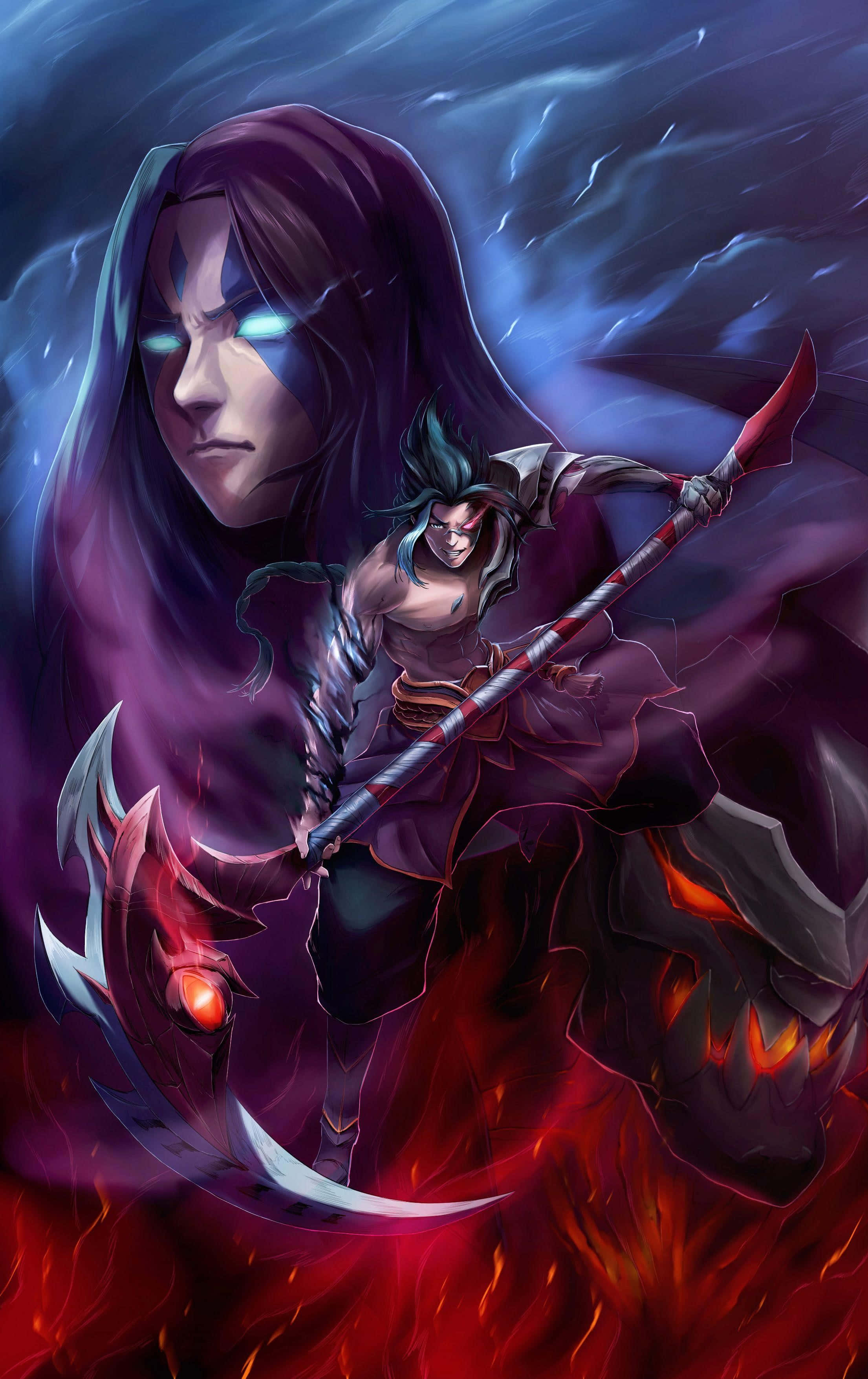 Kayn, dual personality, flaming scythe, 2K Phone Wallpaper