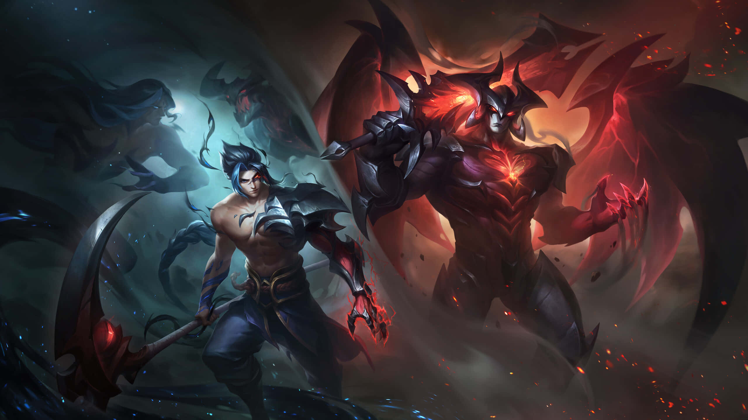 Kayn, glowing red hands, scythe, 2K Desktop Wallpaper