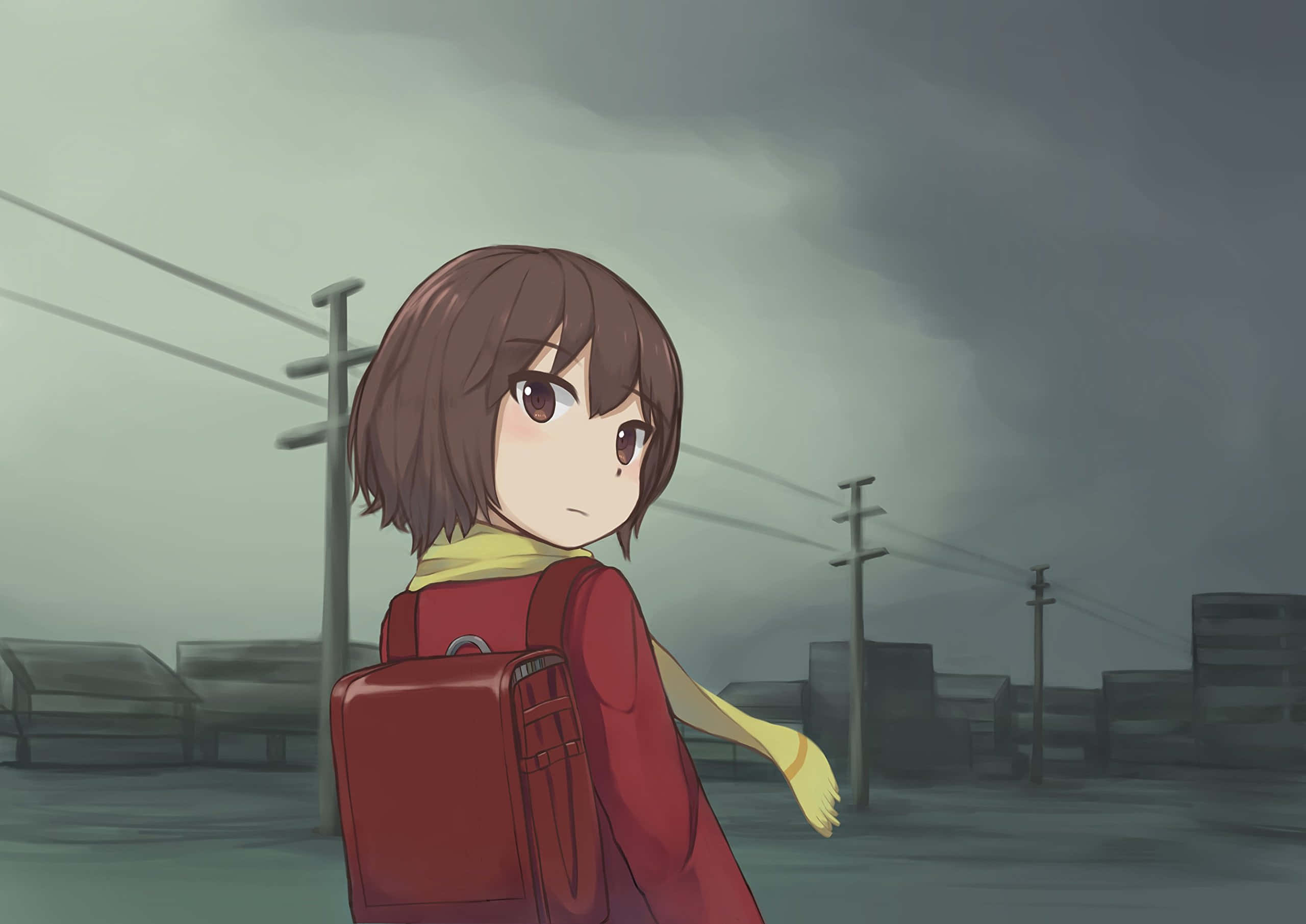 Kayo Hinazuki, red backpack, gloomy urban wasteland, 2K Desktop Wallpaper
