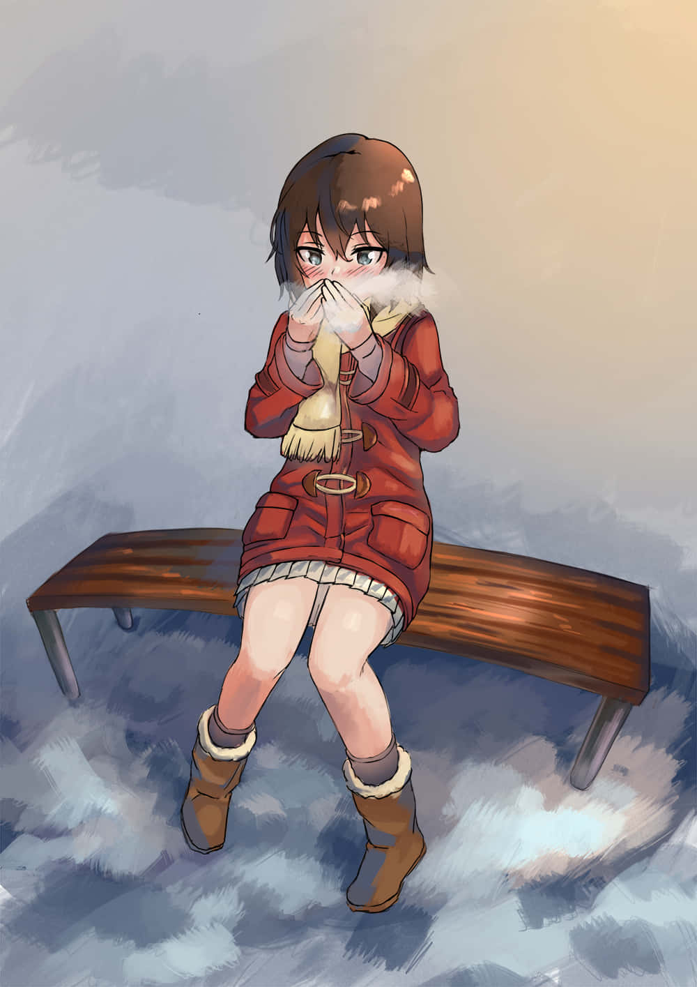 Kayo Hinazuki, red winter coat, wooden bench, HD Phone Wallpaper