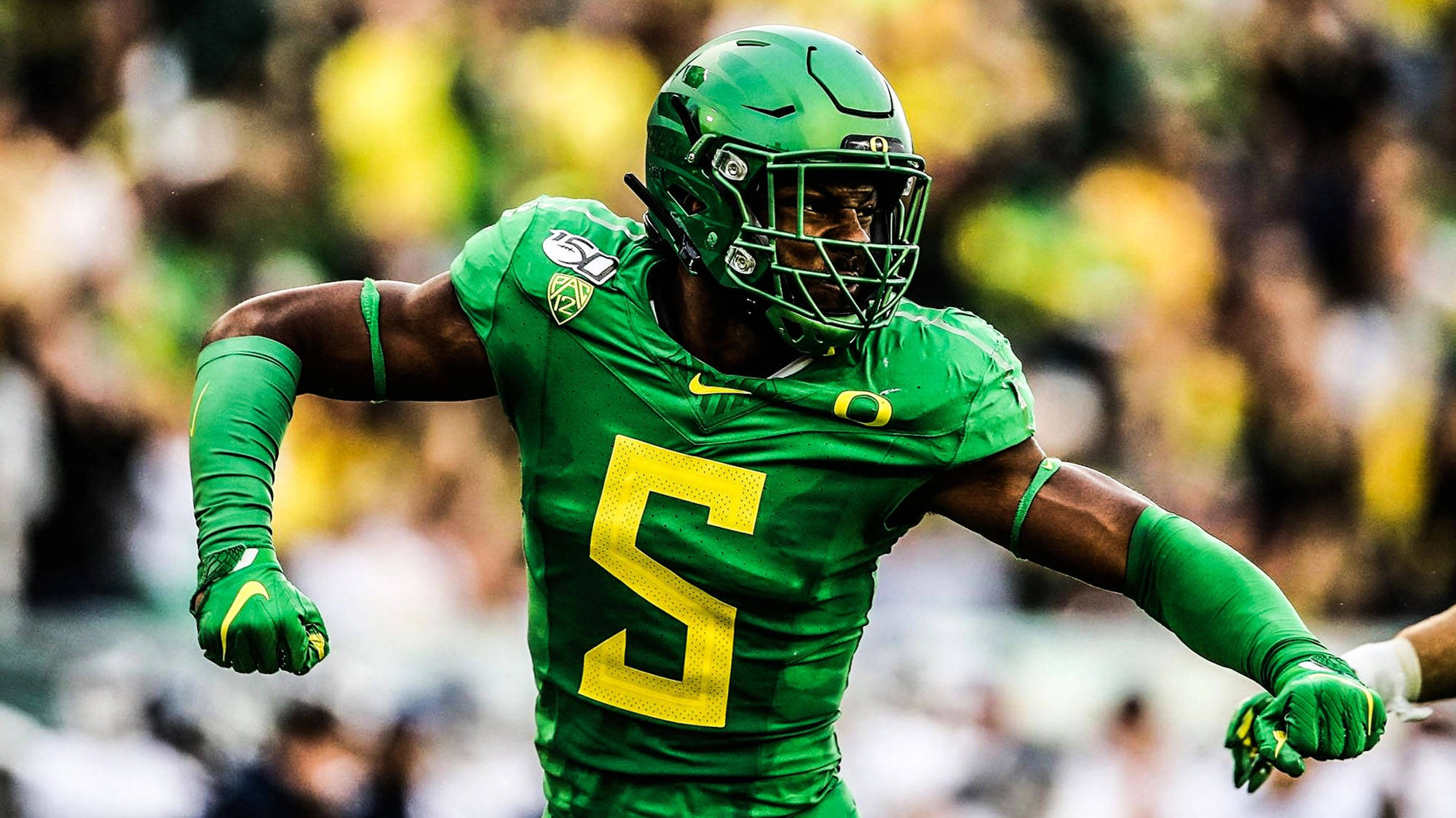 Kayvon Thibodeaux, vibrant green uniform, yellow number five, Full HD Desktop Wallpaper