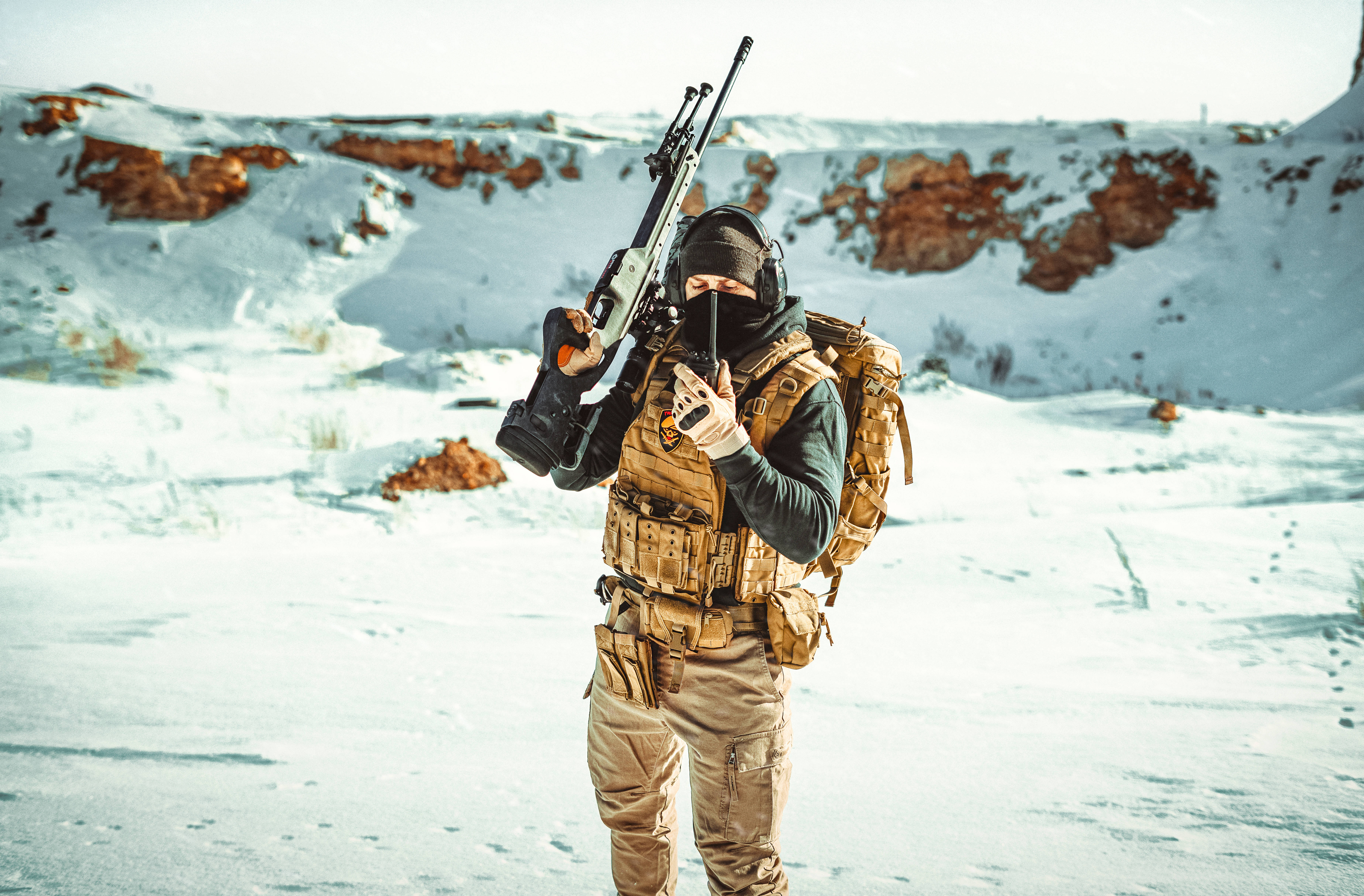 Kazakhstan, soldier, snowy desert landscape, 5K Desktop Wallpaper