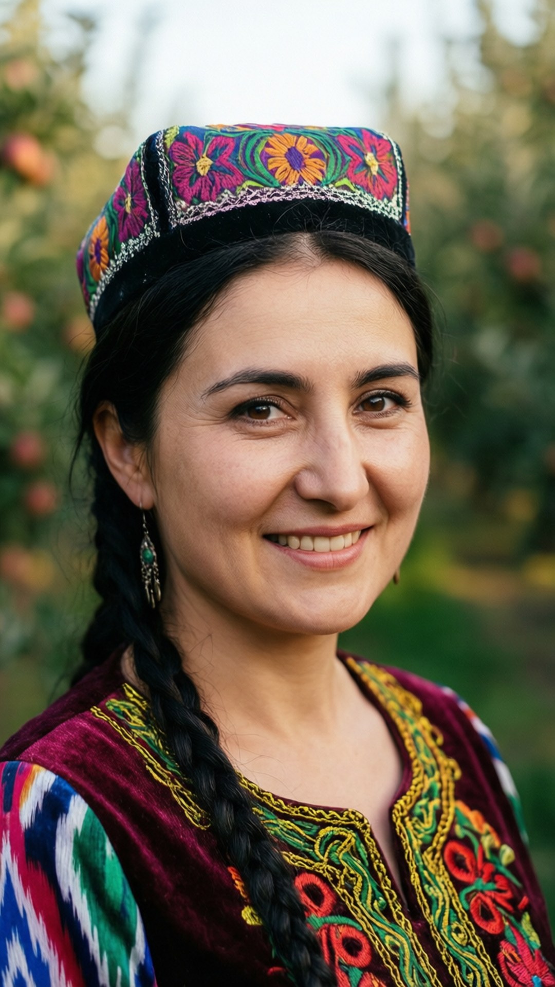 Kazakh woman, traditional dress, apple orchards, Full HD Phone Wallpaper