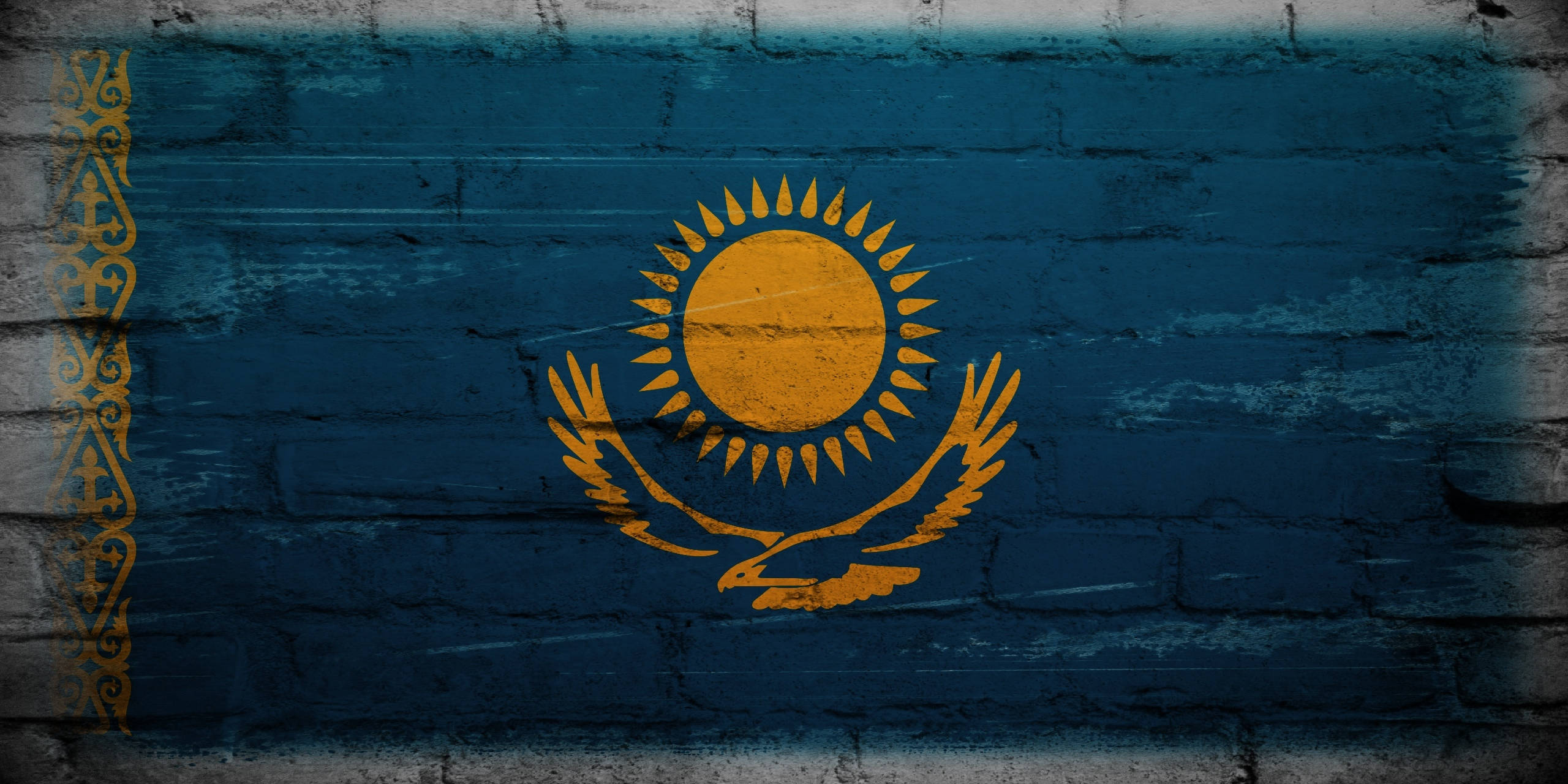 Kazakhstan flag, vibrant yellow, blue, 2K Desktop Wallpaper