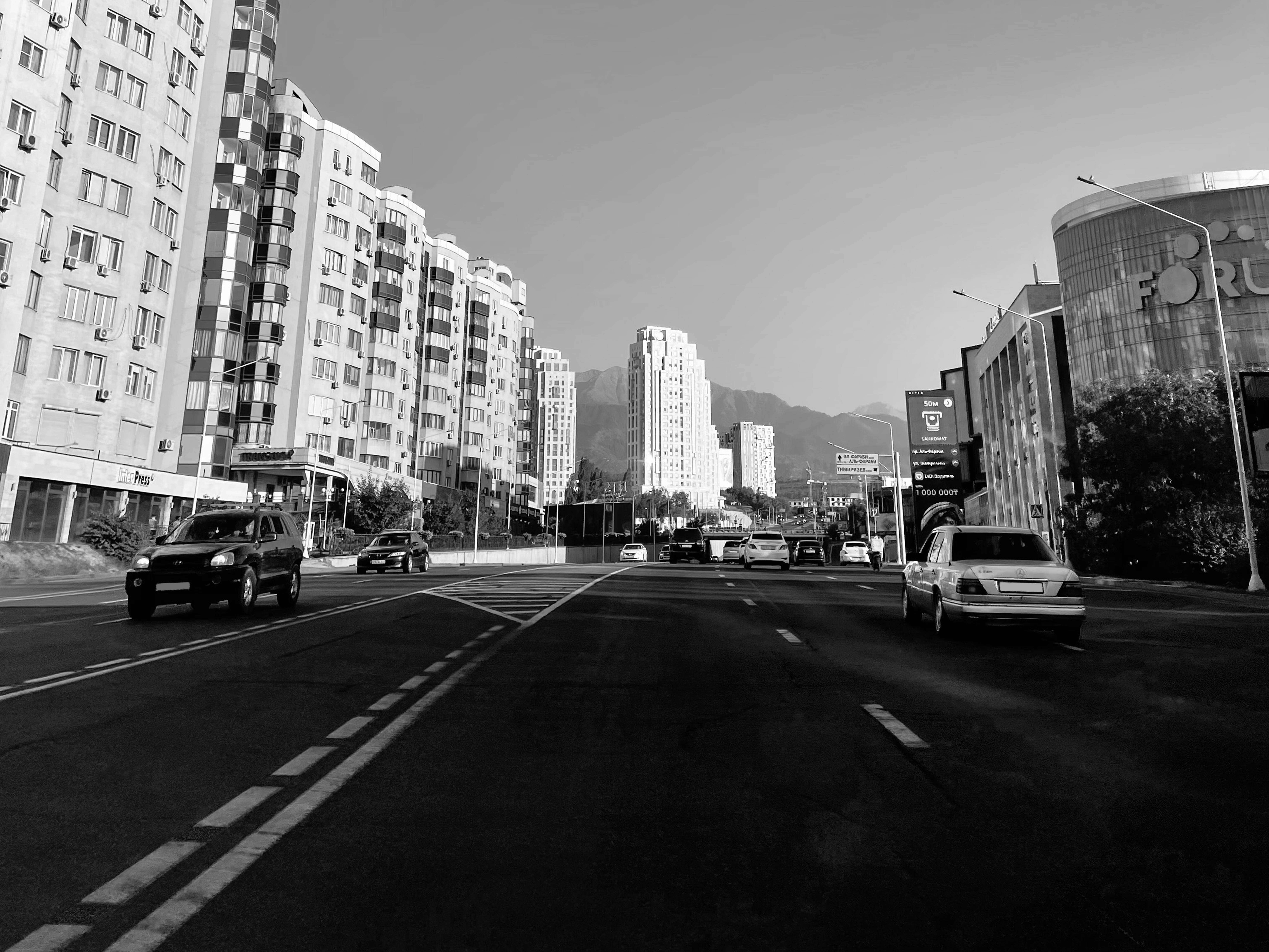 Kazakhstan, grayscale photograph, urban street scene, 8K Desktop Wallpaper