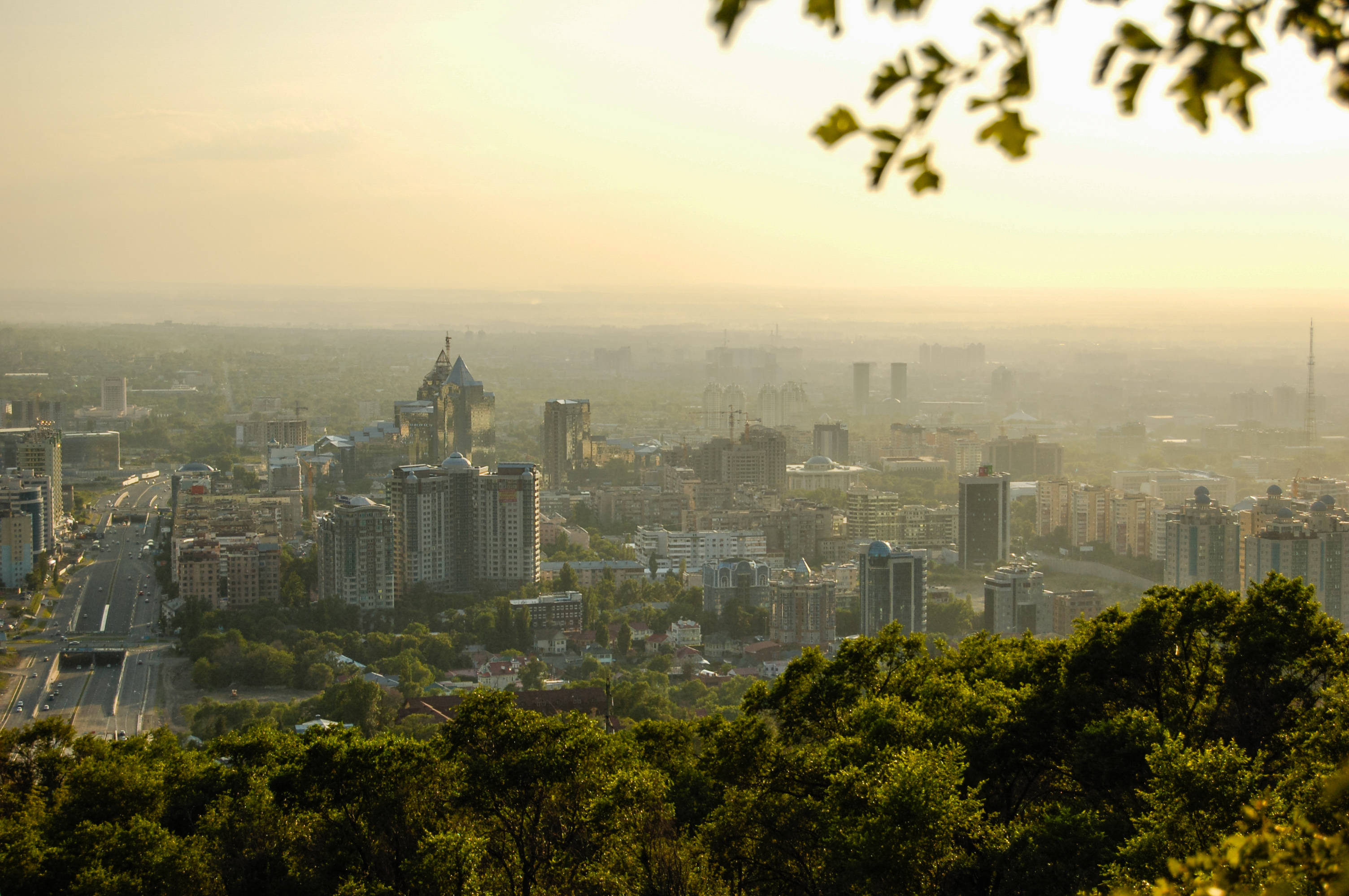 Kazakhstan, Golden sunrise, sprawling cityscape, 2K Desktop Wallpaper