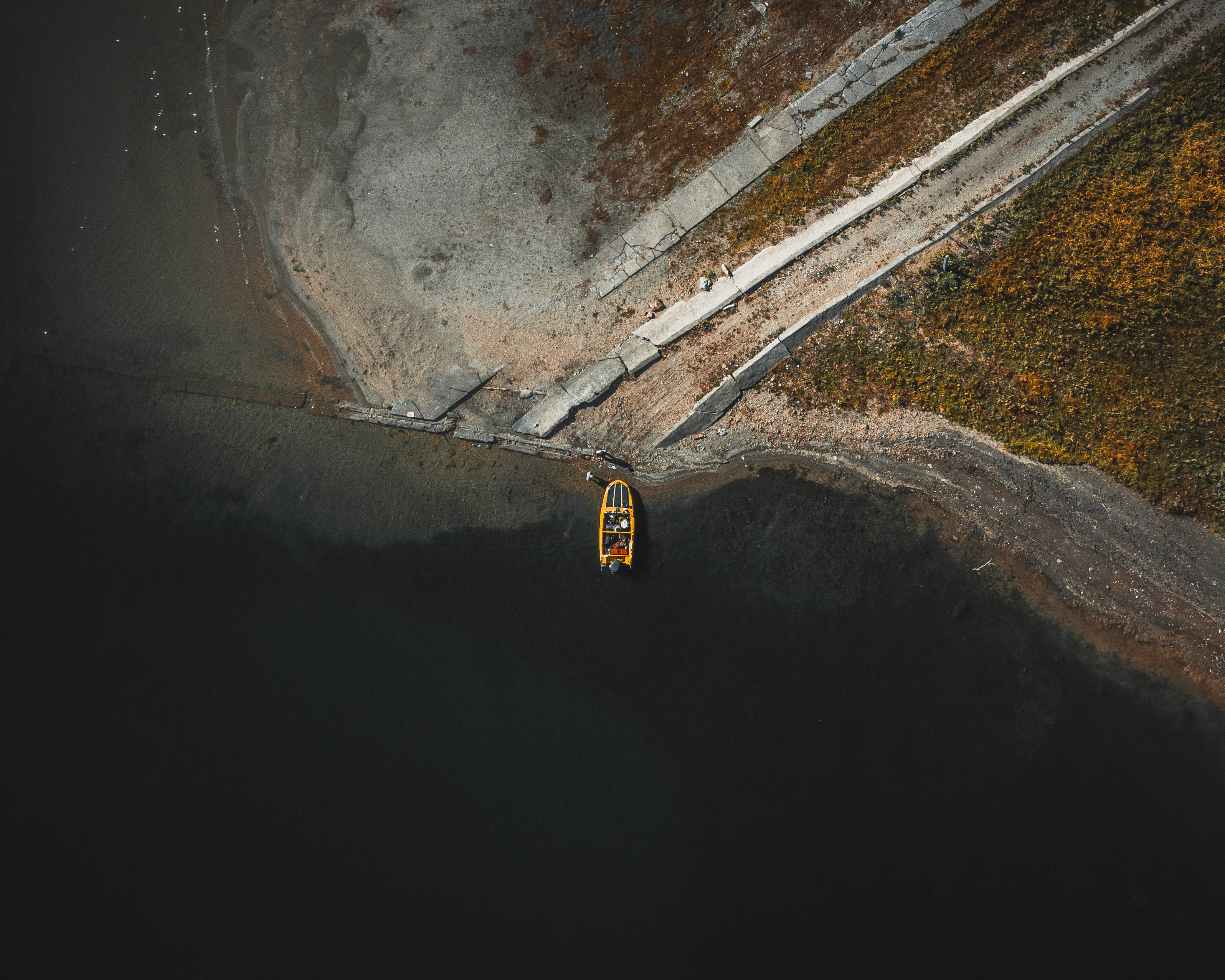 Kazakhstan, river, bright yellow kayak, 2K Desktop Wallpaper