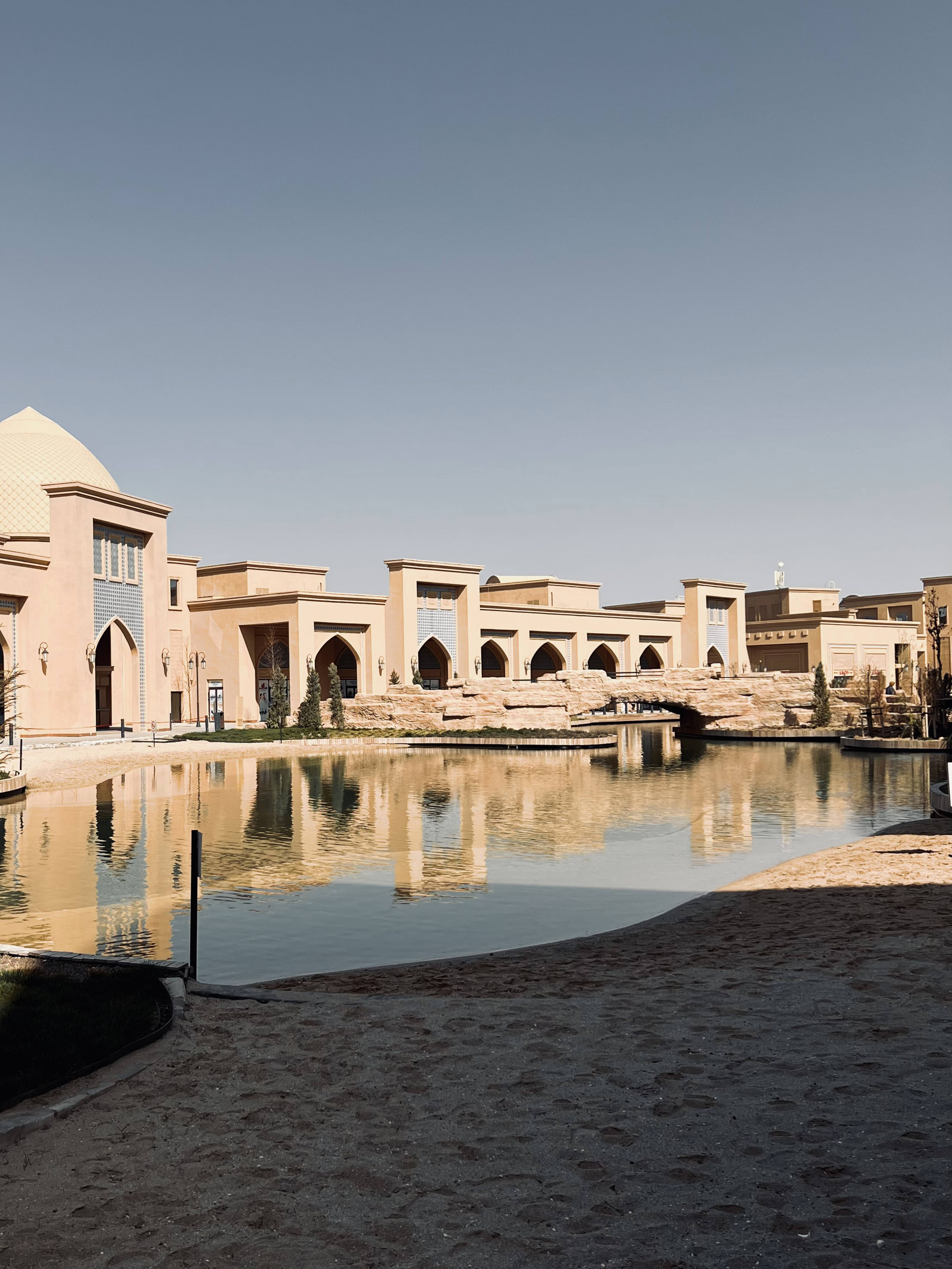 beige Islamic architectural complex, arched windows, dome, 5K Phone Wallpaper