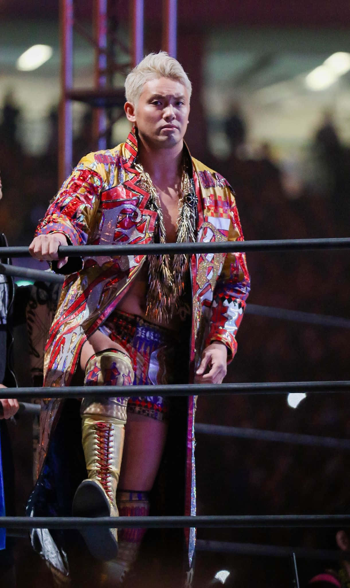 Kazuchika Okada, vibrant patterned coat, gold boots, Full HD Phone Wallpaper