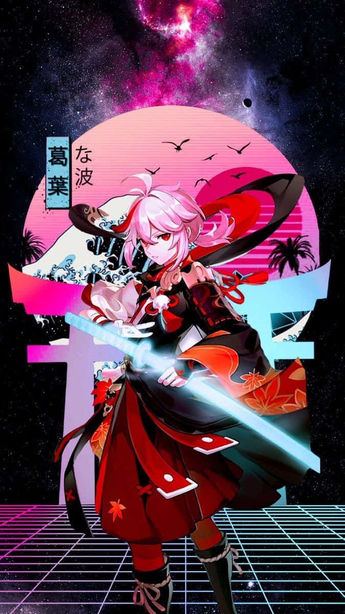 Kazuha, pink-haired anime warrior, glowing sword, SD Phone Wallpaper