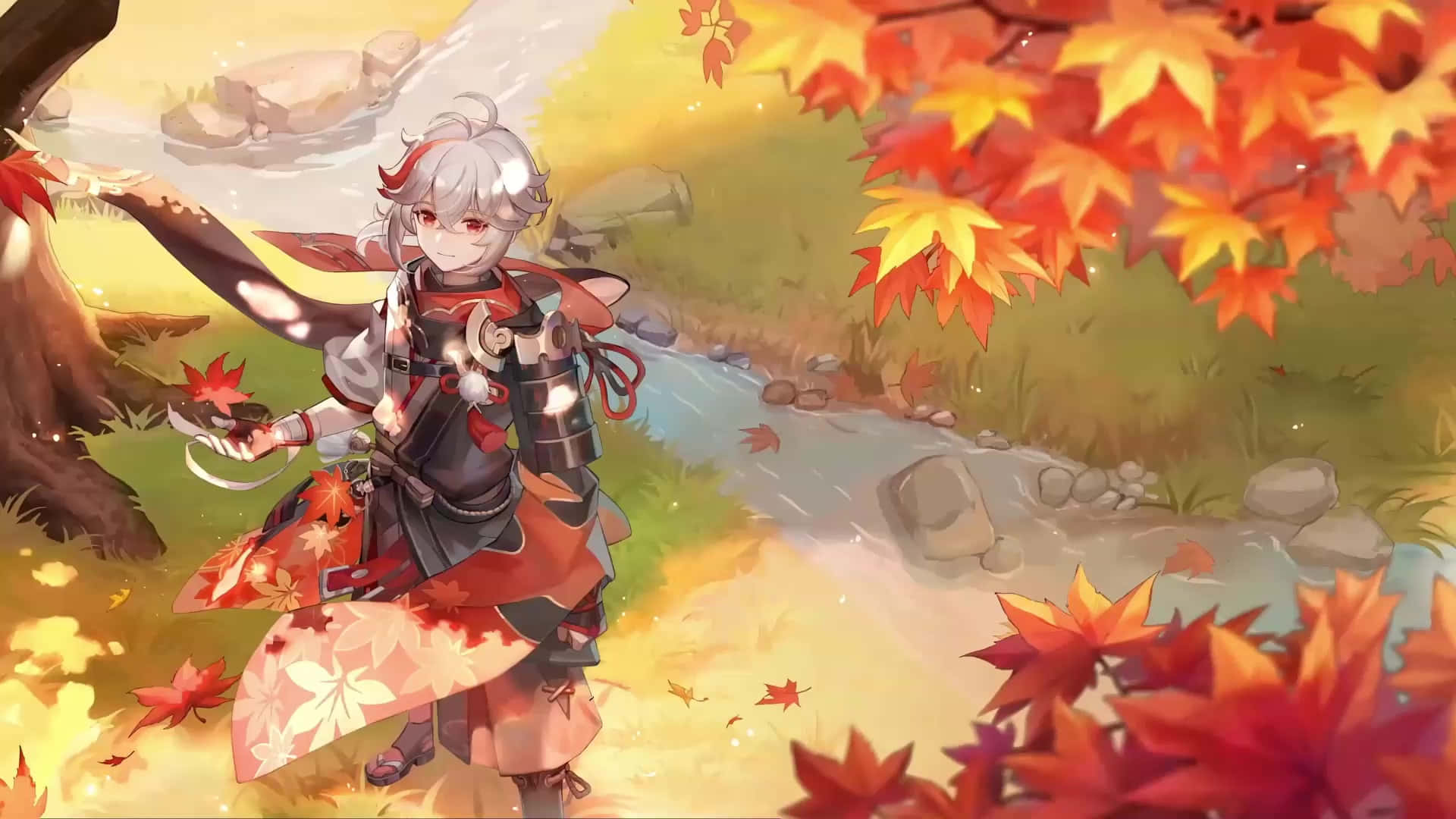 Kazuha, silver-haired anime warrior, autumn forest, Full HD Desktop Wallpaper