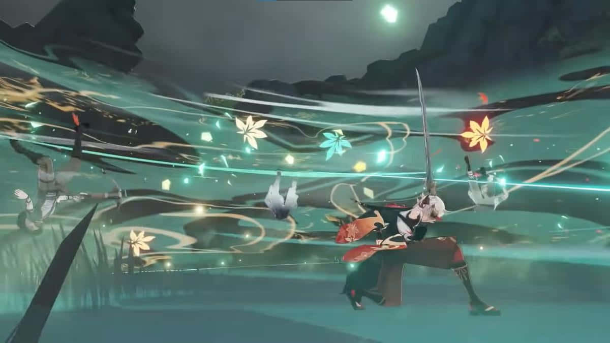 Kazuha, white hair, red accents, SD Desktop Wallpaper
