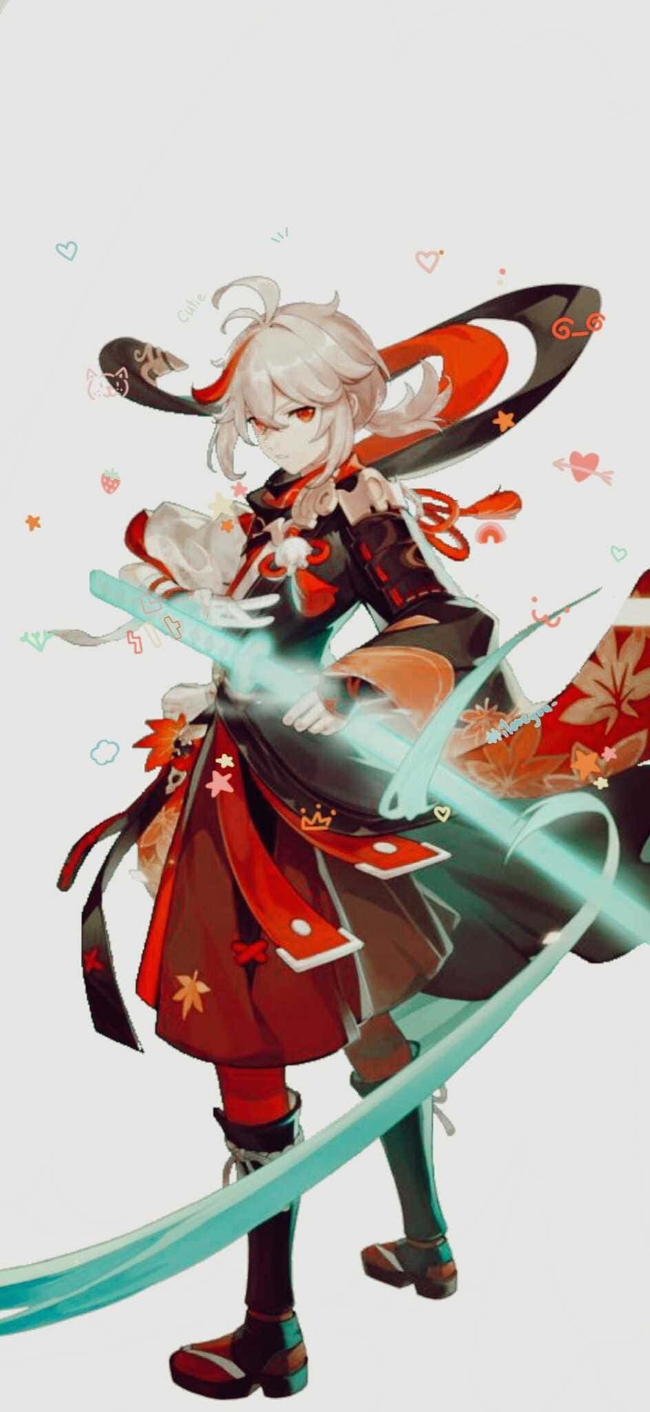 Kazuha, glowing cyan sword, white-haired anime girl, Full HD Phone Wallpaper