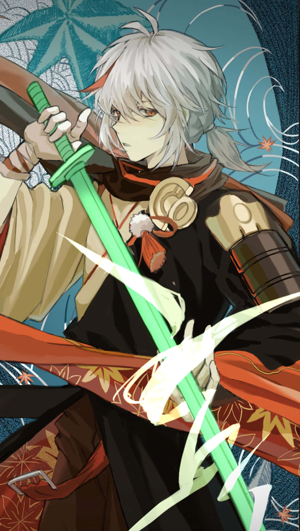 Kazuha, silver-haired anime warrior, glowing green sword, Full HD Phone Wallpaper