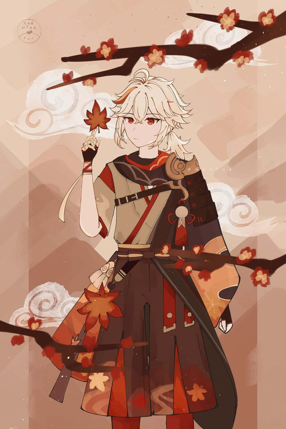 Kazuha, maple leaf, cherry blossom branches, HD Phone Wallpaper