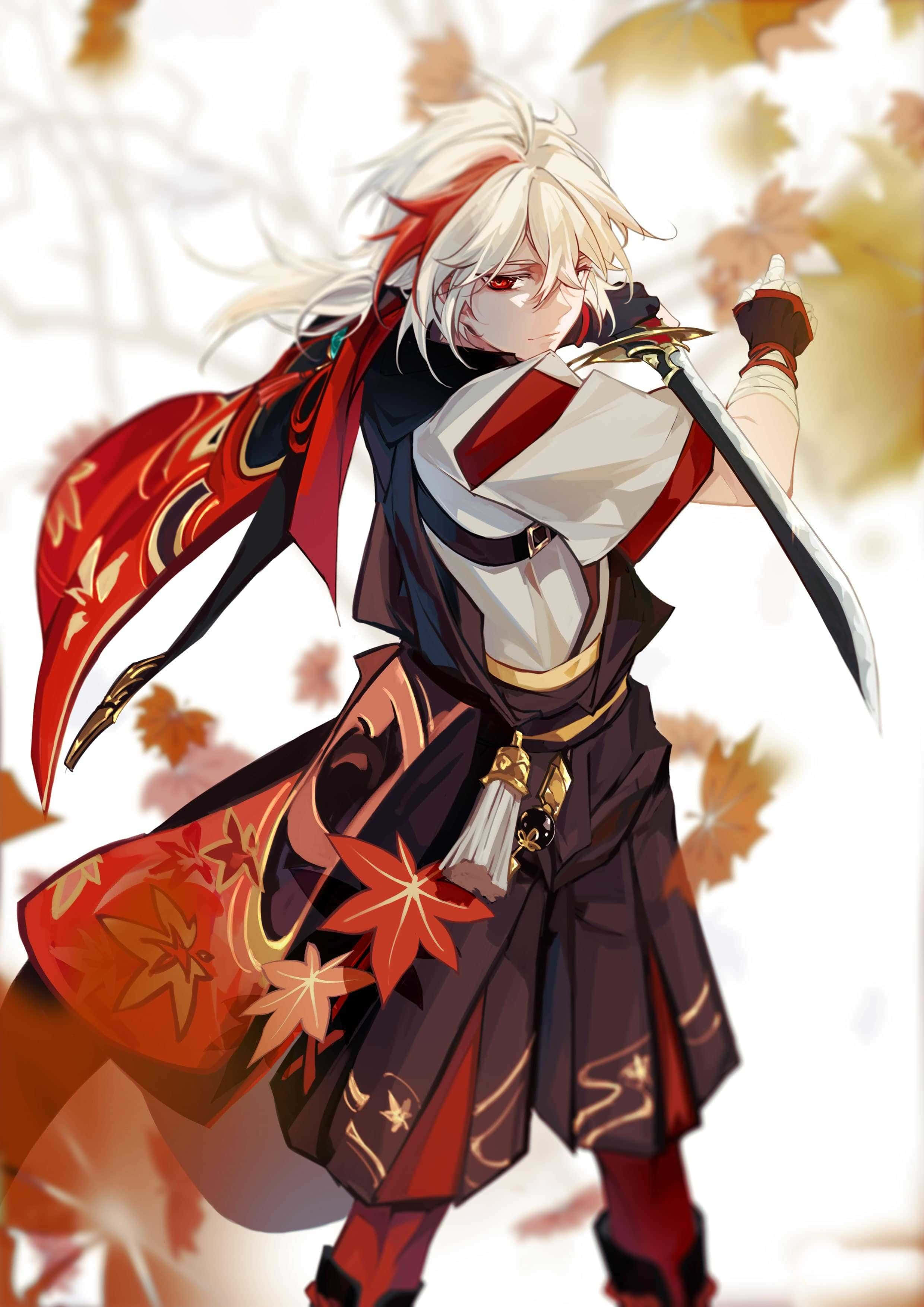 Kazuha, white-haired anime warrior, red and black samurai attire, 2K Phone Wallpaper