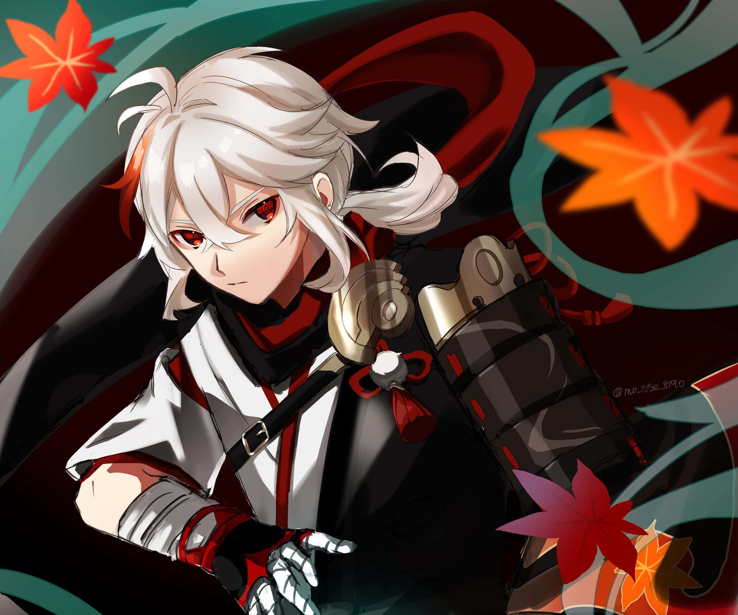 Kazuha, white-haired anime warrior, red eyes, Full HD Desktop Wallpaper