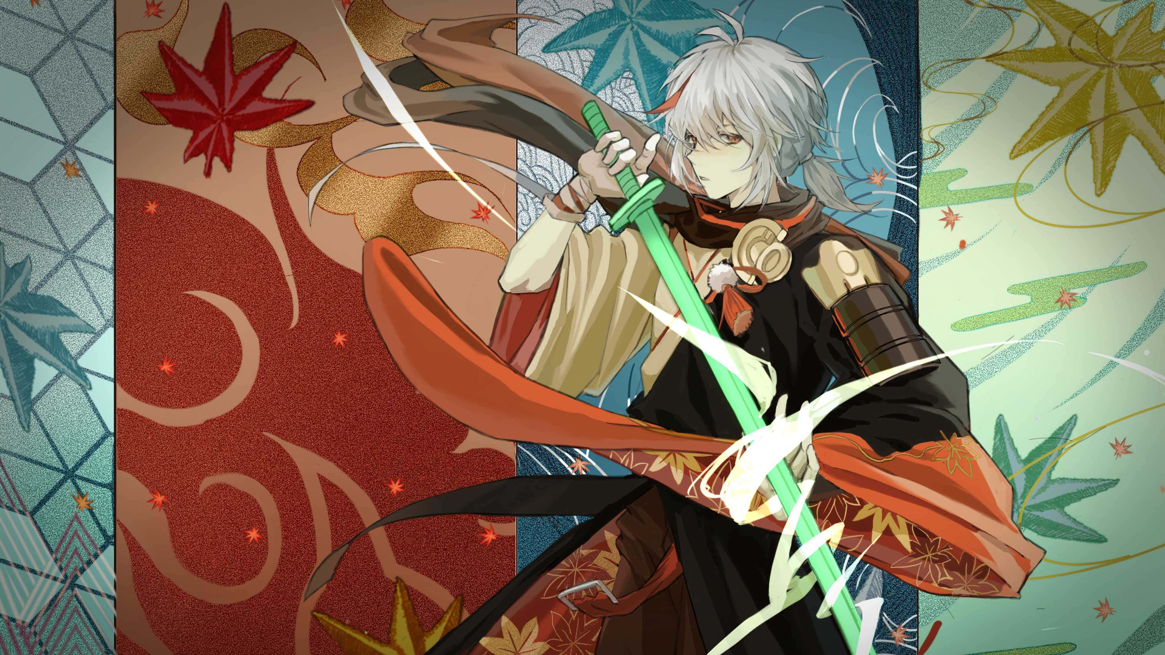 Kazuha, green sword, glowing green sword, 4K Desktop Wallpaper
