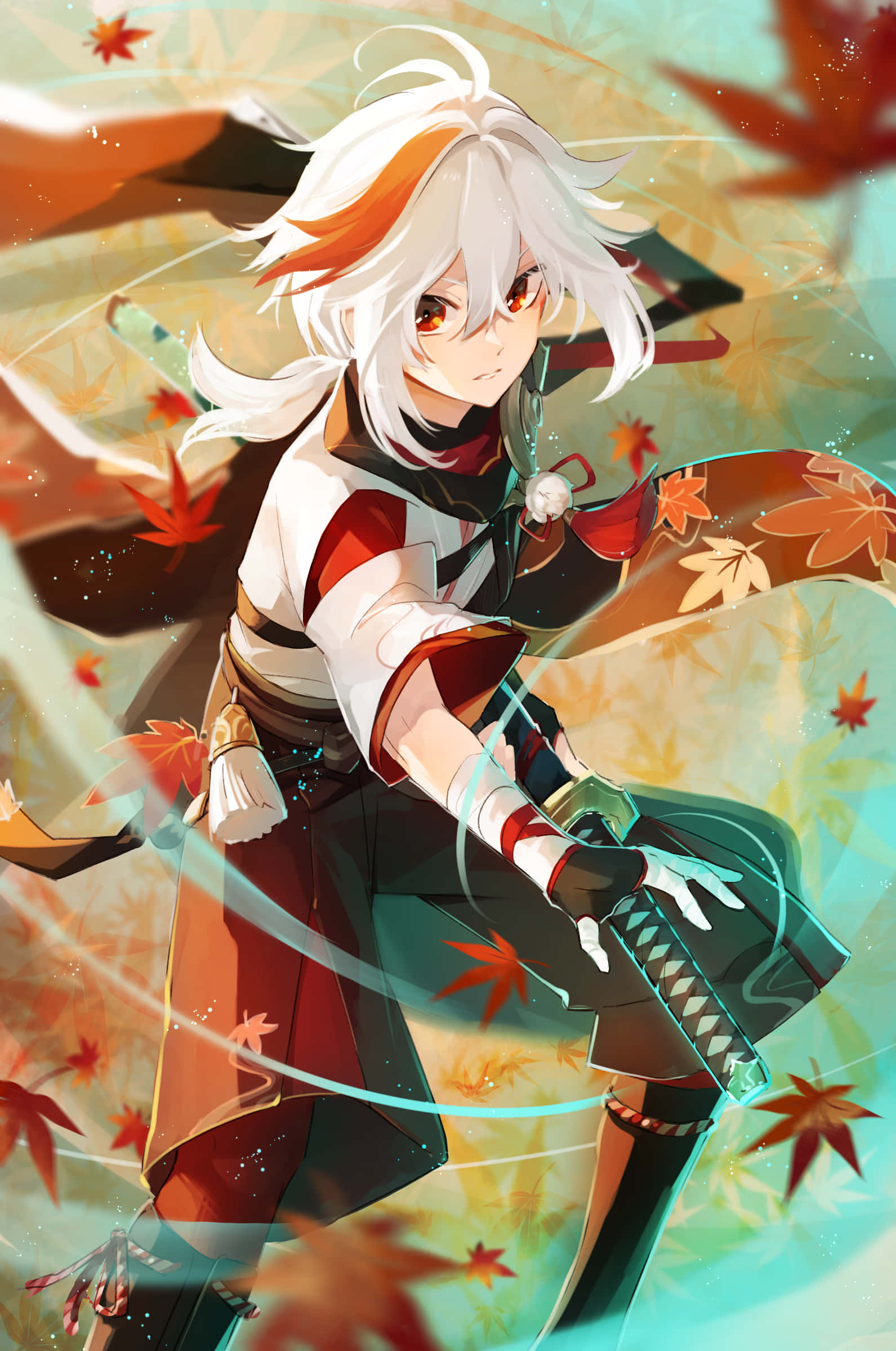 Kazuha, glowing sword, autumn leaves, Full HD Phone Wallpaper