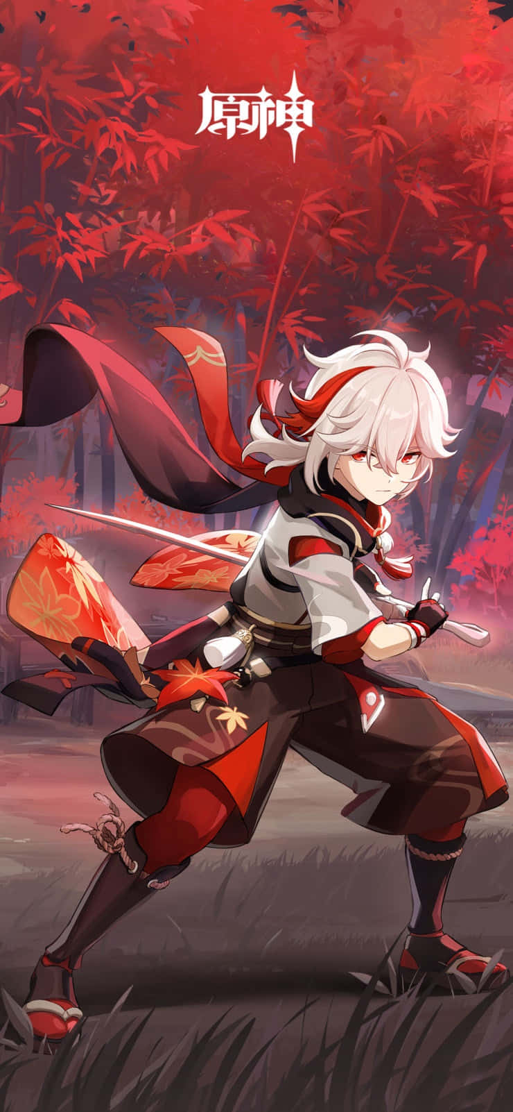 Kazuha, white-haired anime warrior, red and black gear, HD Phone Wallpaper