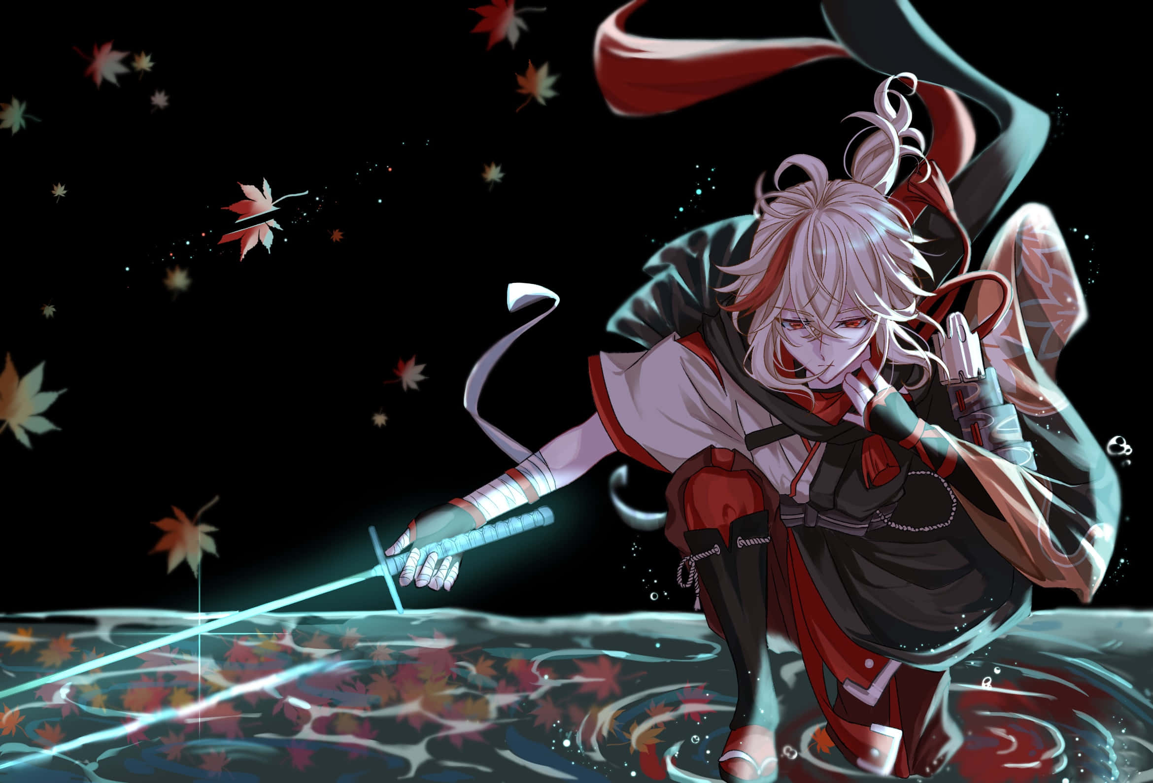 Kazuha, white-haired anime warrior, red and black armor, Full HD Desktop Wallpaper